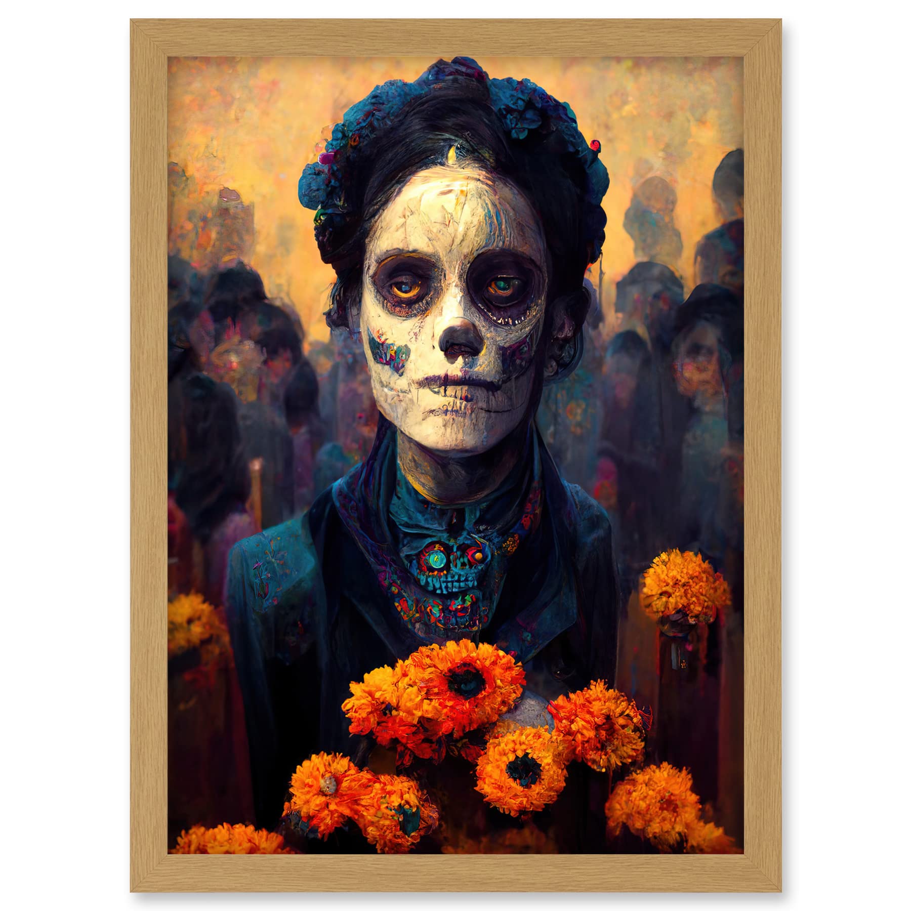 Day Of Dead Skull Marigold Flowers Artwork Framed A3 Wall Art Print