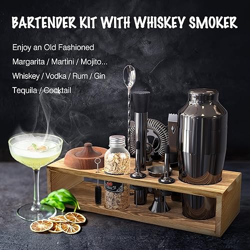 Miniatura 2 de Kit de camarero con kit de ahumador de cóctel, 15 piezas, accesorios de bar iTayga para el hogar, juego de bar con kit de ahumador de whisky, juego