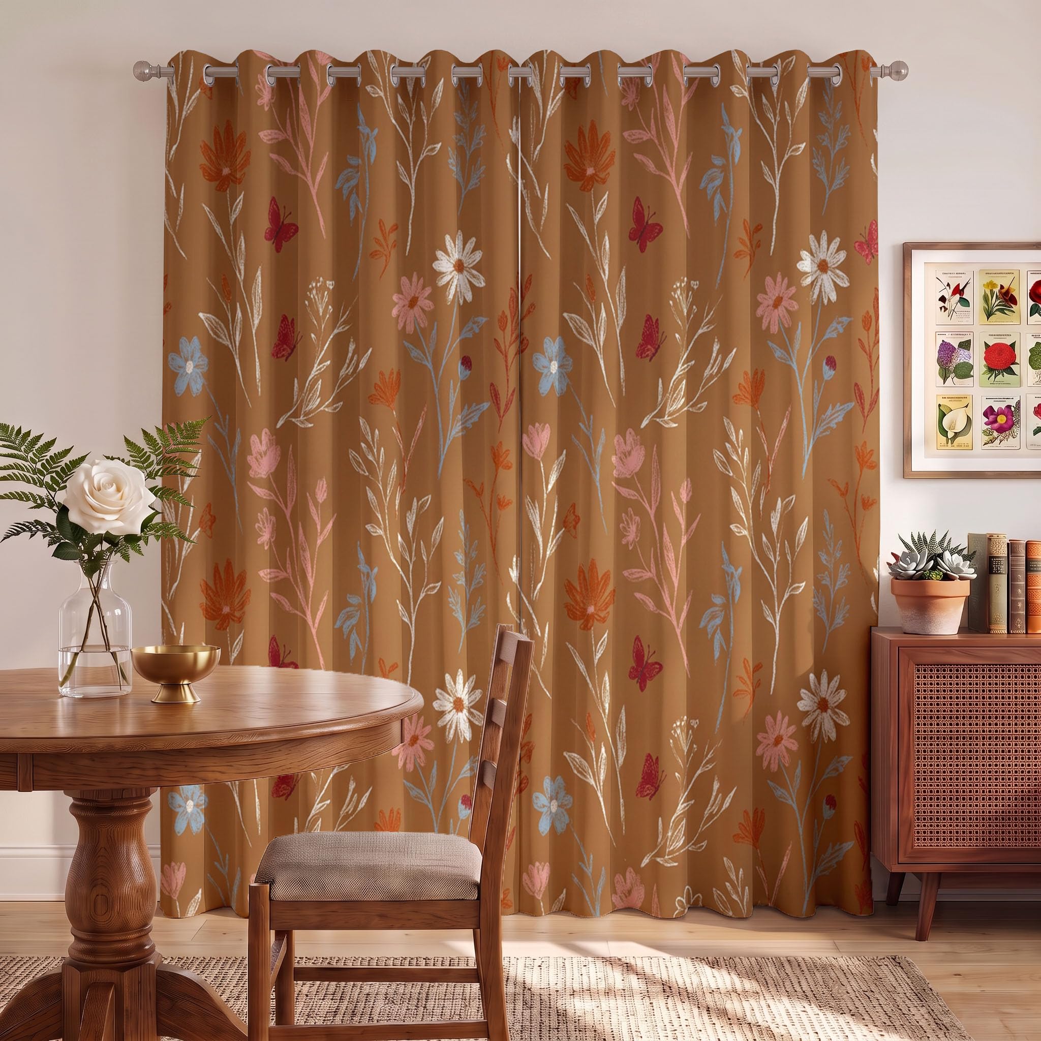 Cortinas Opacas Térmicas Decorativas Estampado Floral Bohemio Retro | Plantas Pintadas Mano Rústico 2 Piezas 140Anx240Al Cm, Cortinas De Privacidad Para Ventanas De Sala De Estar, Marrón Caramelo