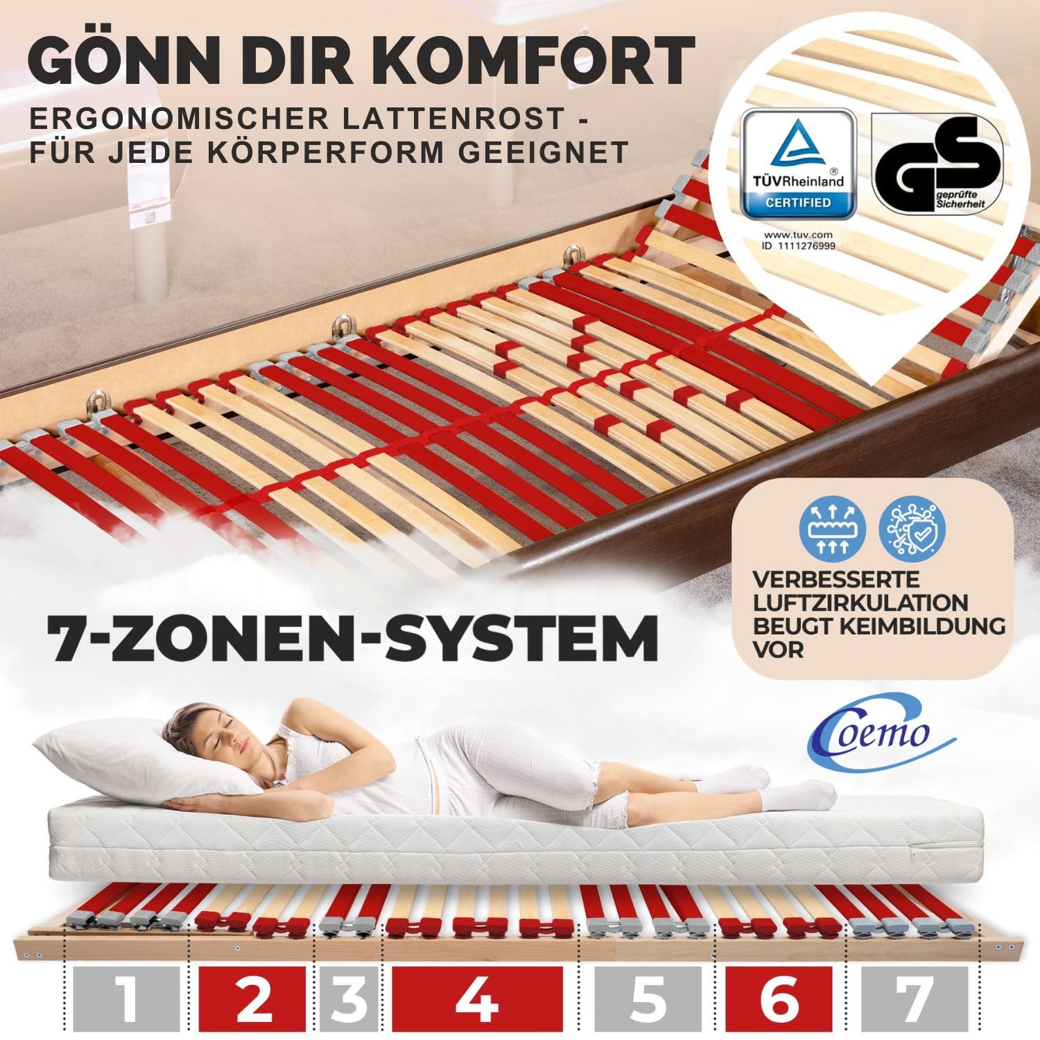 Coemo Lattenrost Ruby K 140 x 200 cm 7-Zonen 28 Leisten Kopfteil und Härtegrad verstellbar für Jugendbetten - für alle Matratzenarten | Schlaftypen