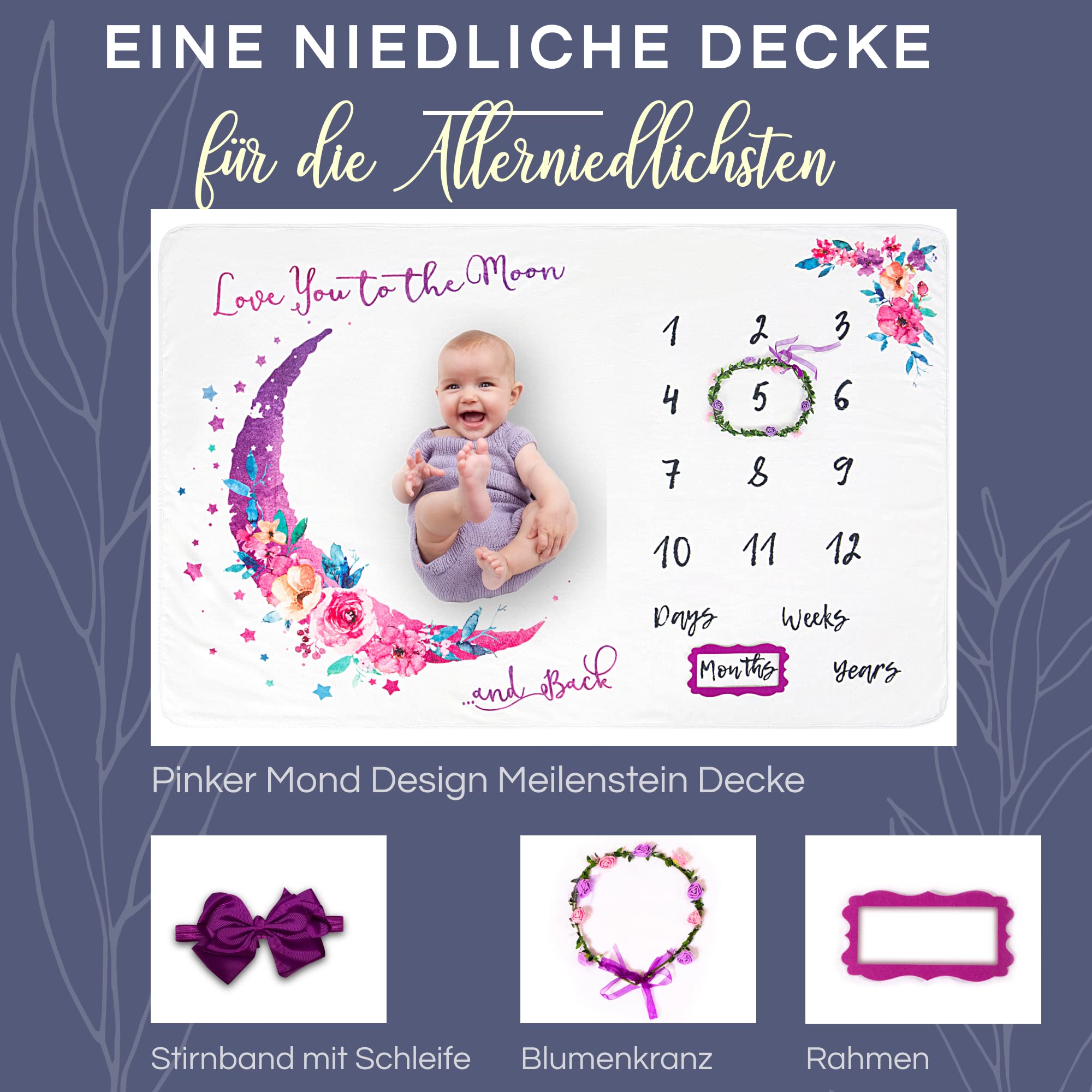 Luka&Lily Baby Meilenstein Decke 150 x 100 cm Rosa Mond Blumen Motto