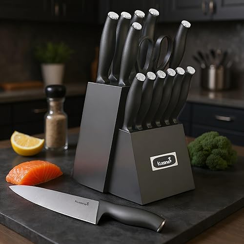Miniatura 5 de KUISINE Juego de cuchillos de chef, mango ergonómico de acero inoxidable de alto carbono, hoja ultra afilada, juego de bloques de cuchillos de
