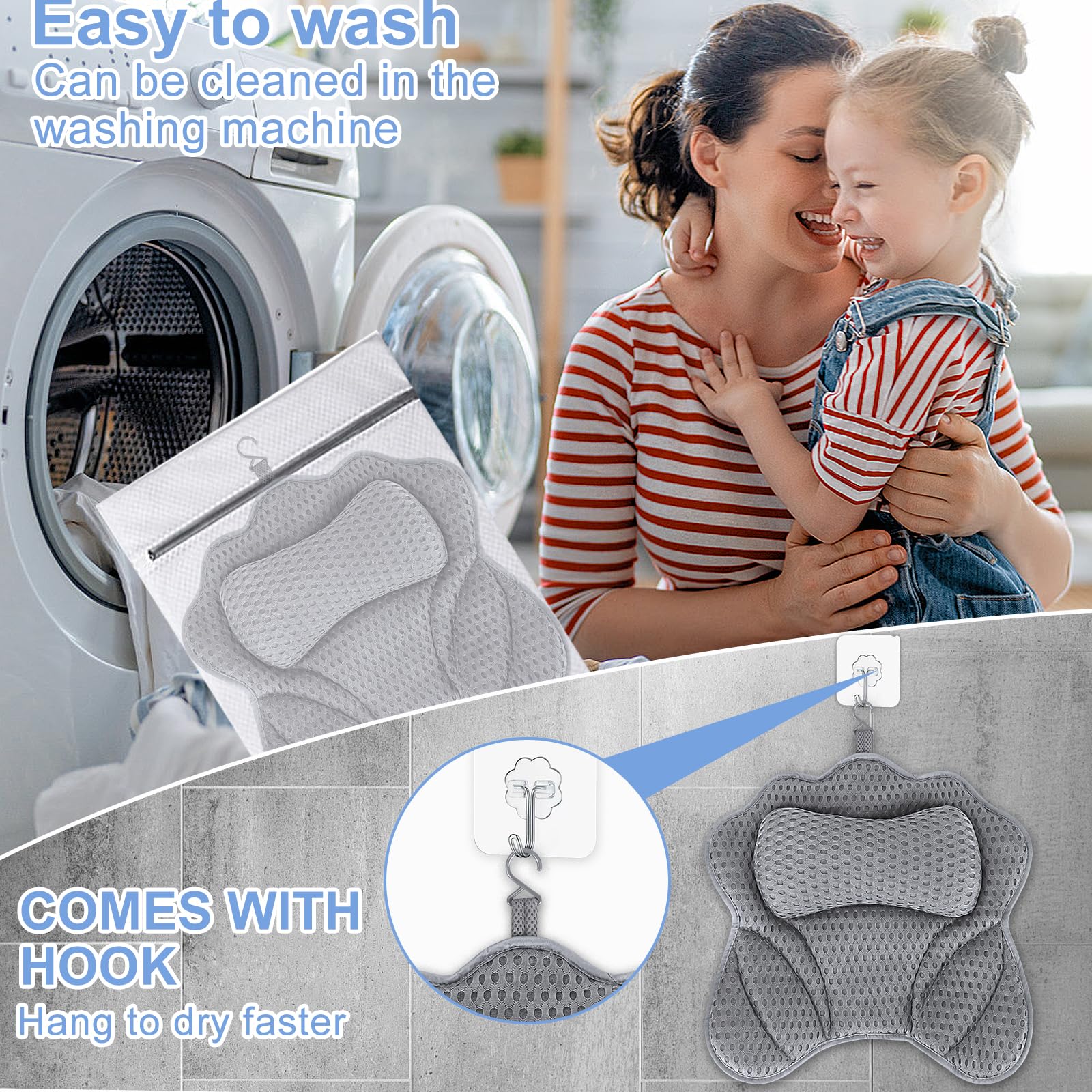 Almohada para bañera, cojín de baño para cuello y cuello, con tecnología de malla de aire 4D y ventosas, ideal para spa en casa, soporta cabeza, hombros y espalda en la bañera (gris)
