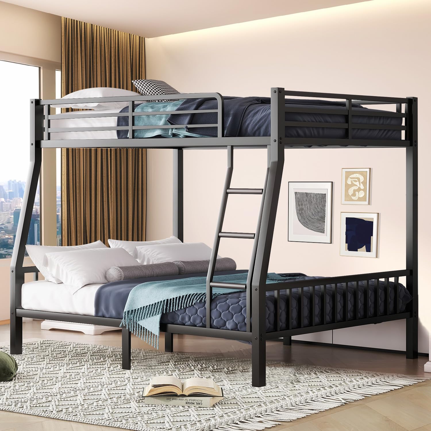 bunk bed full xl over queen, heavy duty metal bunk bed frame, queen bunk bed with guardrail heavy duty bunk bed frame for adults - teens dorm bedroom guest room?black?