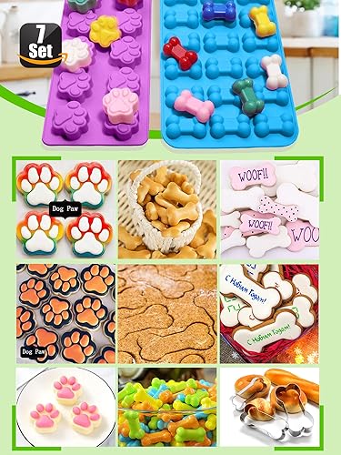Miniatura 5 de Juego de 7, 4 moldes de silicona en forma de pata y hueso de cachorro y 3 piezas de acero inoxidable cortador de galletas de hueso, para golosinas