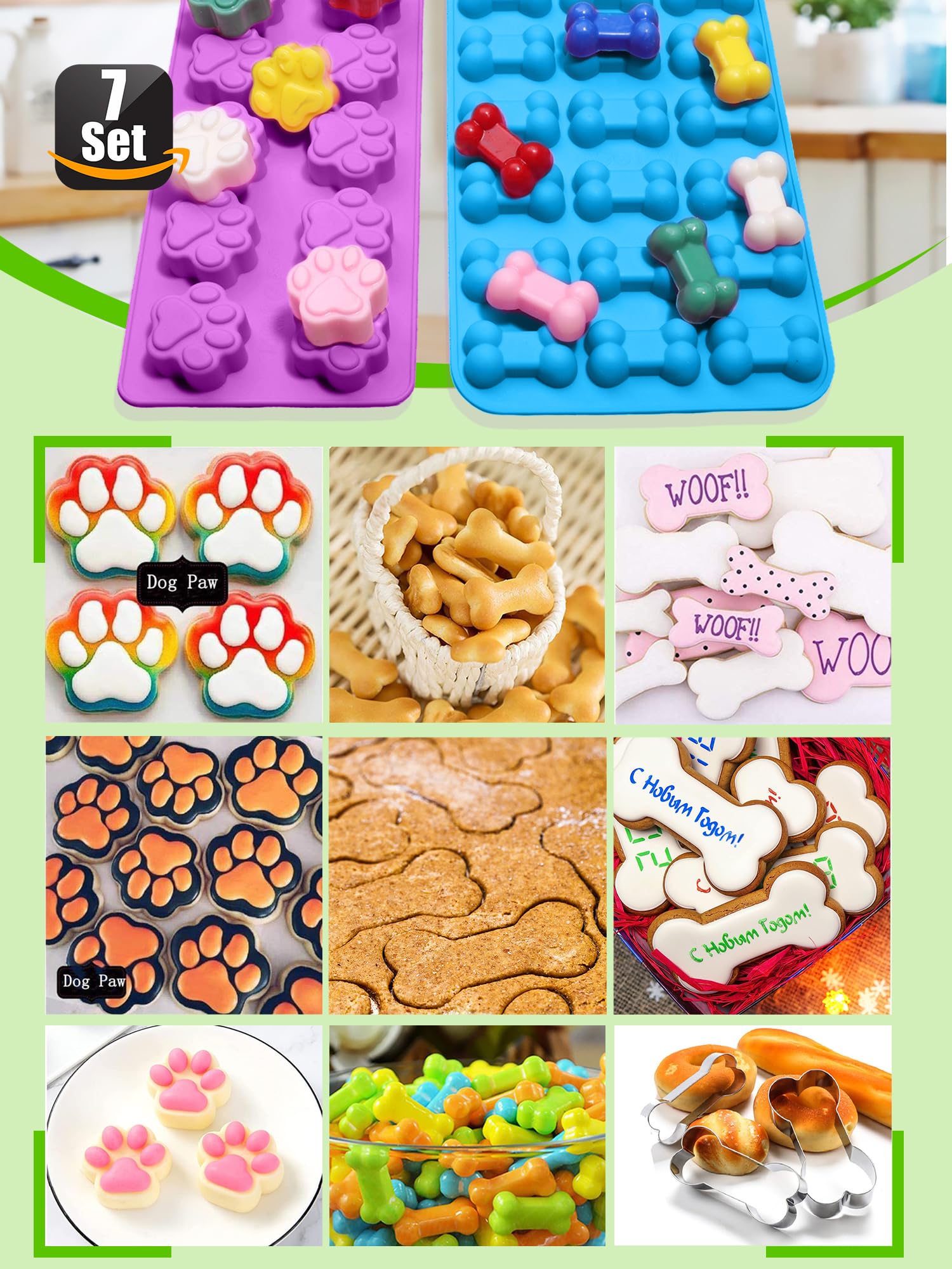 Juego de 7, 4 moldes de silicona con forma de pata de perro y hueso y 3 cortadores de galletas de hueso de acero inoxidable, para golosinas caseras y molde para hornear chocolate, patas de animales