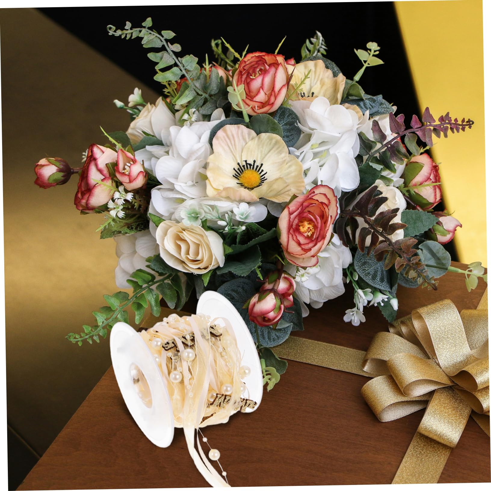 Housoutil 4 Rollen Hochzeitsdekorationsband Braut- wünschen dekorativ Stoffbänder Party groß Drahtband für Kränze DIY -Band Hochzeitsbänder gewebte Bänder Band für Ornamente Polyester Golden