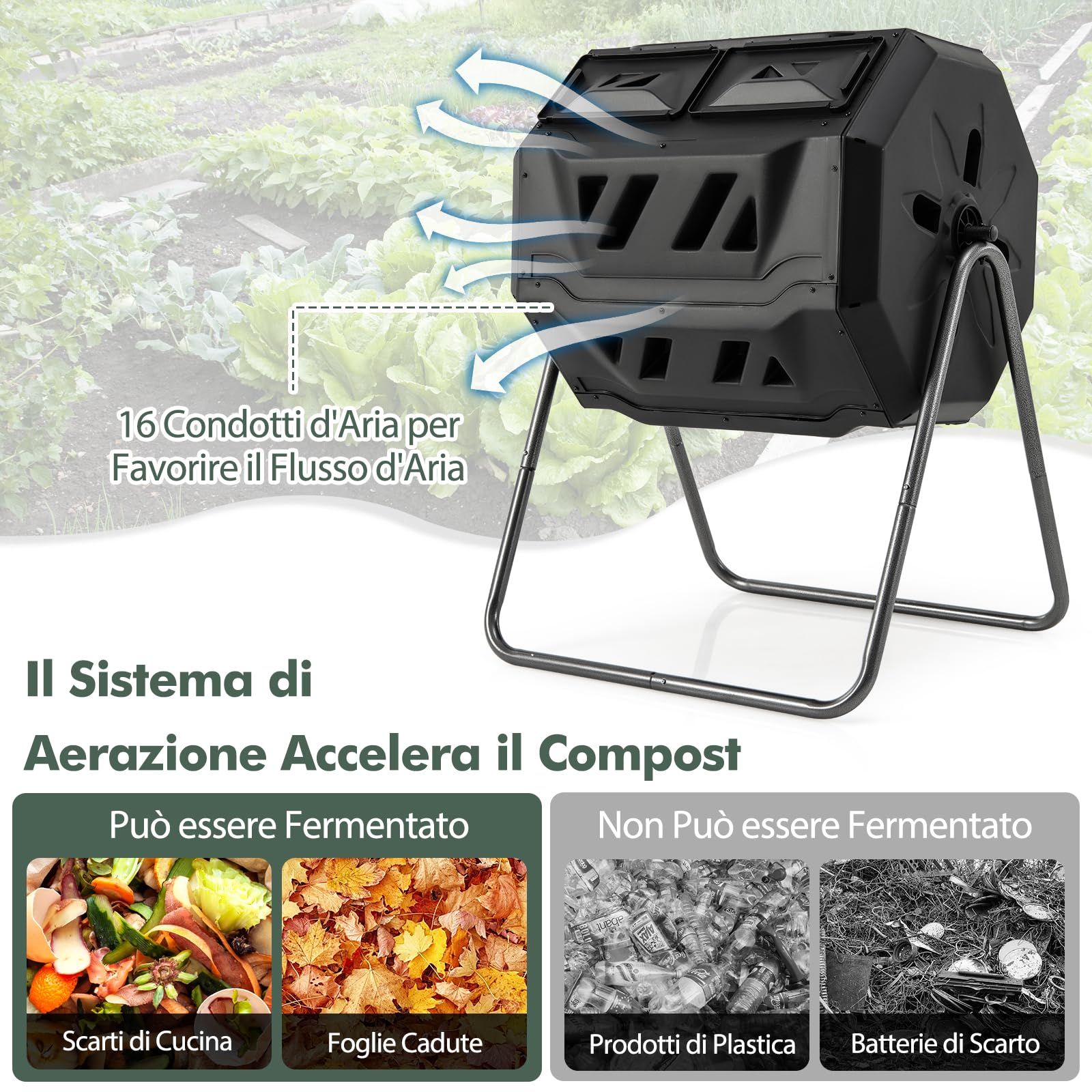 RELAX4LIFE Compostiera a Tamburo Domestica, Compostiera a Bidone in Ferro con 2 Camere da 160L, Compostiera Rotante a 360° con Struttura Triangolare Stabile per Giardino e Balcone, 70 x 65 x 93 cm