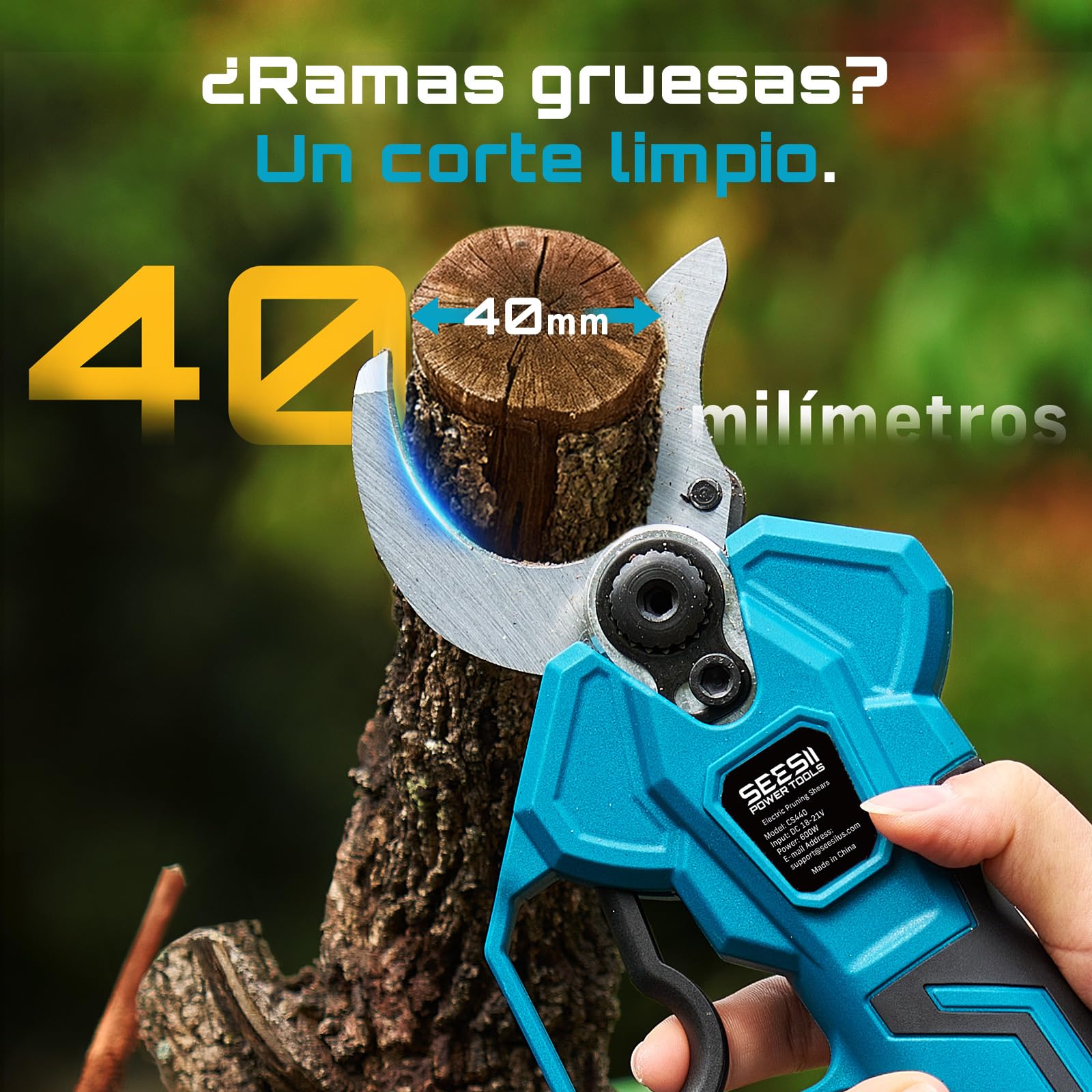 SEESII Tijeras de Podar Eléctricas 40 mm – Tijeras de Podar Batería con 2 * 4000 mAh, Hoja SK5, Motor sin Escobillas, Pantalla LCD para Jardinería, Paisajismo y Huertos, CS440
