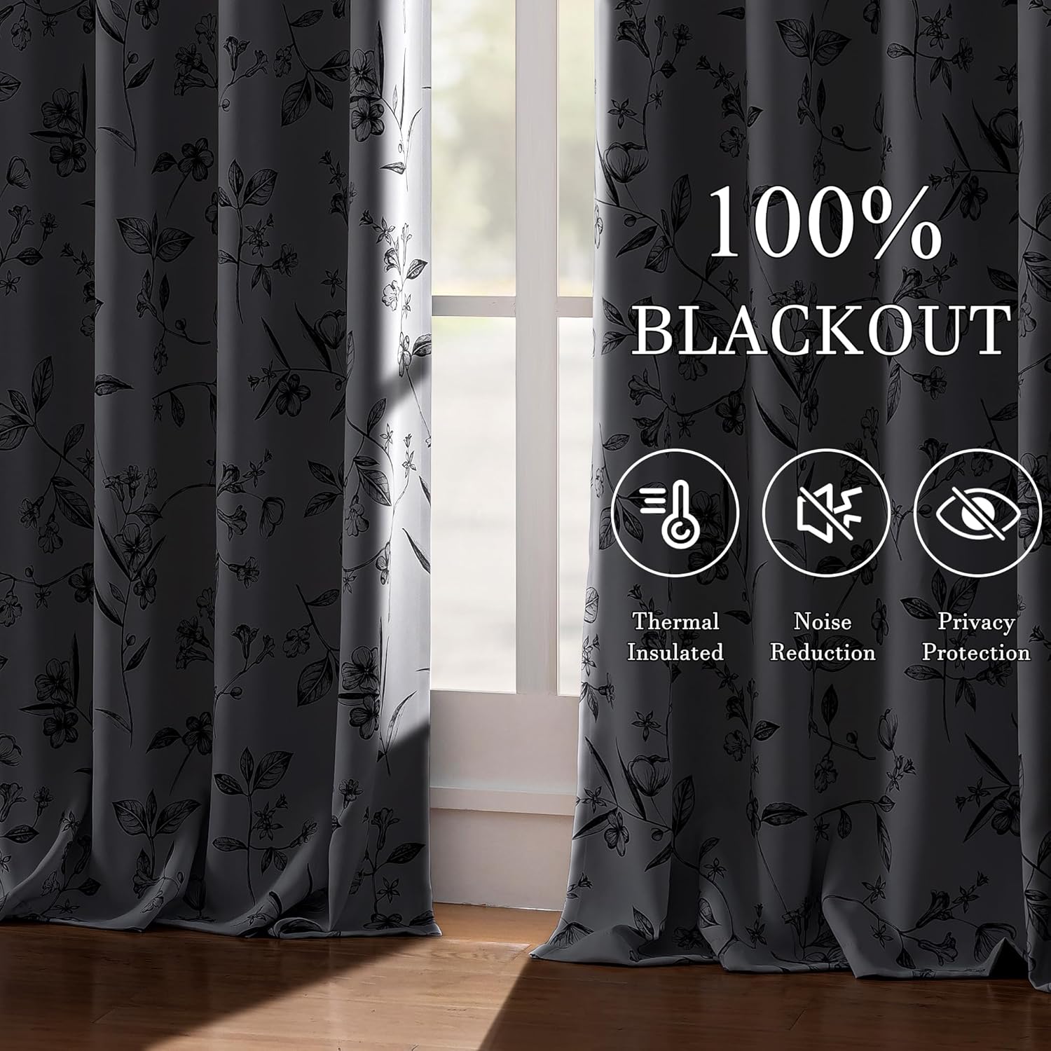 ChrisDowa 100% Blackout Floral Curtains 84 Inches Long 2 Panels for Bedroom Living Room Black Flower Patterned Room Darkening Thermal Insulated Soundproof Grommet Window Treatments Drapes,52X84