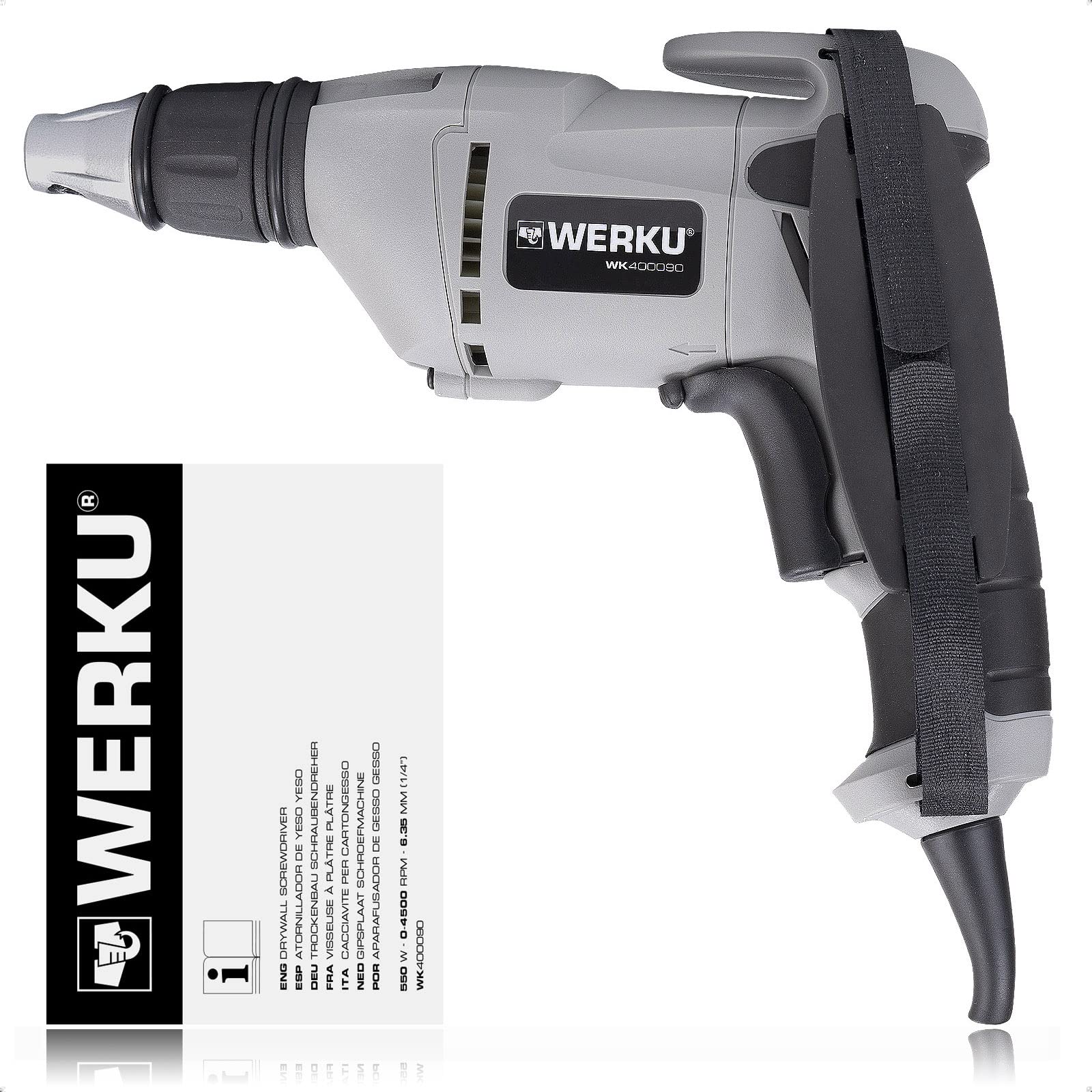 Werku WK400090, Atornillador Paneles-Placas Yeso, Calidad Profesional, Potencia 520 W, Portapuntas HEX-6, Incluye Correa Sujeción 2 Posiciones