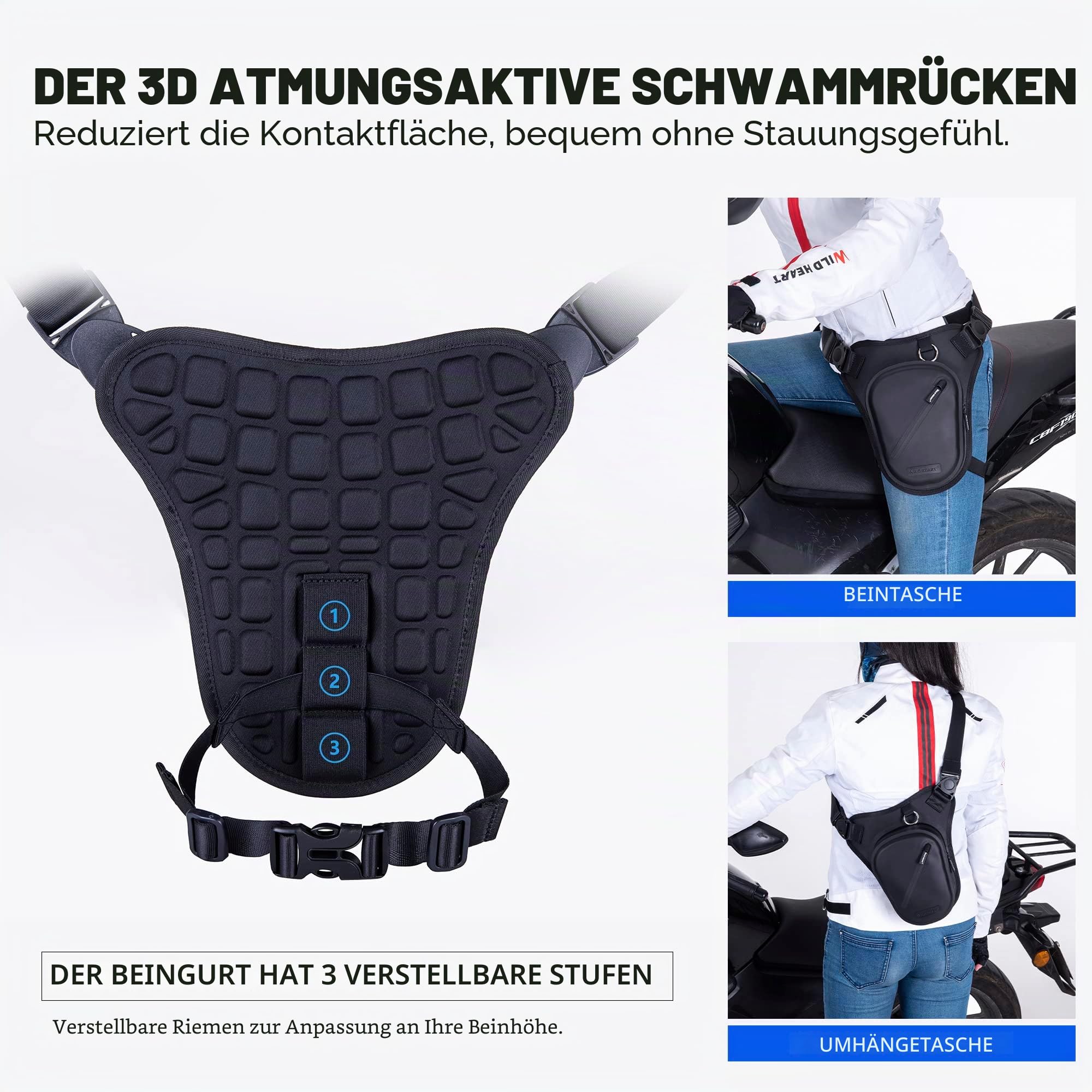 WILD HEART wasserdichte Motorrad-Oberschenkeltasche, Vielseitige Brust-/Taktik-/Bein-/Werkzeug-/Schulter-/Messenger-/Bauchtasche aus mit Seil für Outdoor-Aktivitäten (Schwarz)