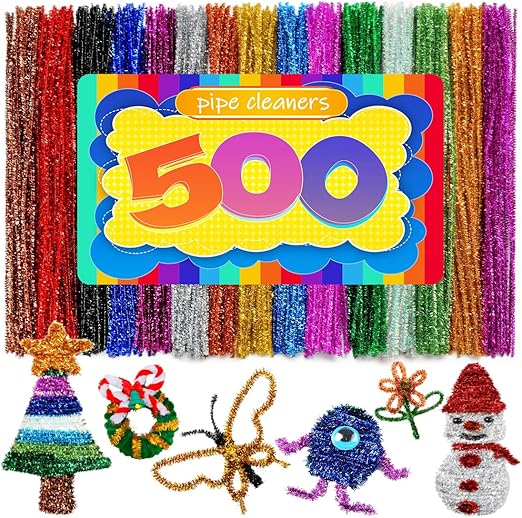 500pcs Pipe Cleaners, Pipe Cleaners for Crafts, Craft Supplies Multicolor Chenille Stems for Art&Craft Christmas DIY Projects(15colors,Glitter)