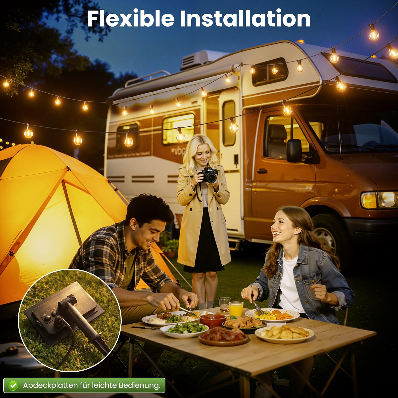 Yuusei Solar Lichterkette Outdoor, 30M Lichterkette Außen, IP65 Wasserdicht & 2700K Warmweiß, 50+2 G40 Dimmbar Aussen LED Glühbirnen Lights für Garten, Pavillon, Balkon, Camping, Party, Hochzei