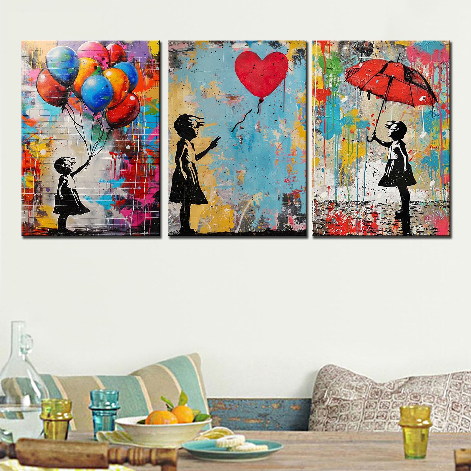 Tucocoo Banksy Wall Pictures for Living Room Street Art Little Girl Paintings Colorful Canvas Graffiti Balloon Red Umbrella Wall Art Creative Artwork Home Decor Framed Ready to Hang (14"x20" x 3Pcs) - Image 3