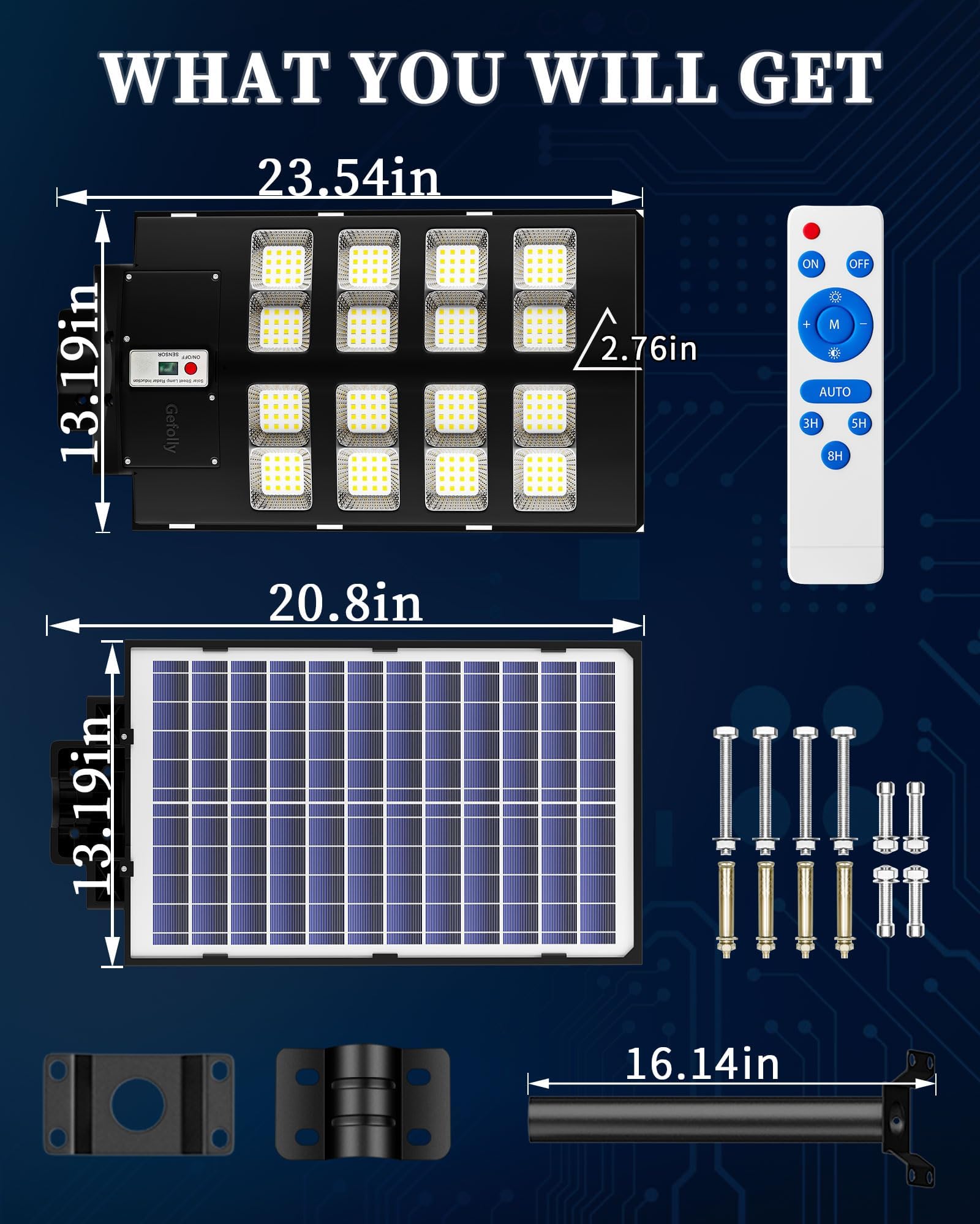 Gefolly Lampione Solare LED Esterno, Faro LED Esterno con Pannello Solare con Sensore di Movimento, 6500K IP67 Impermeabile Faretto solare Esterno per Giardino Cortile Garage Strada