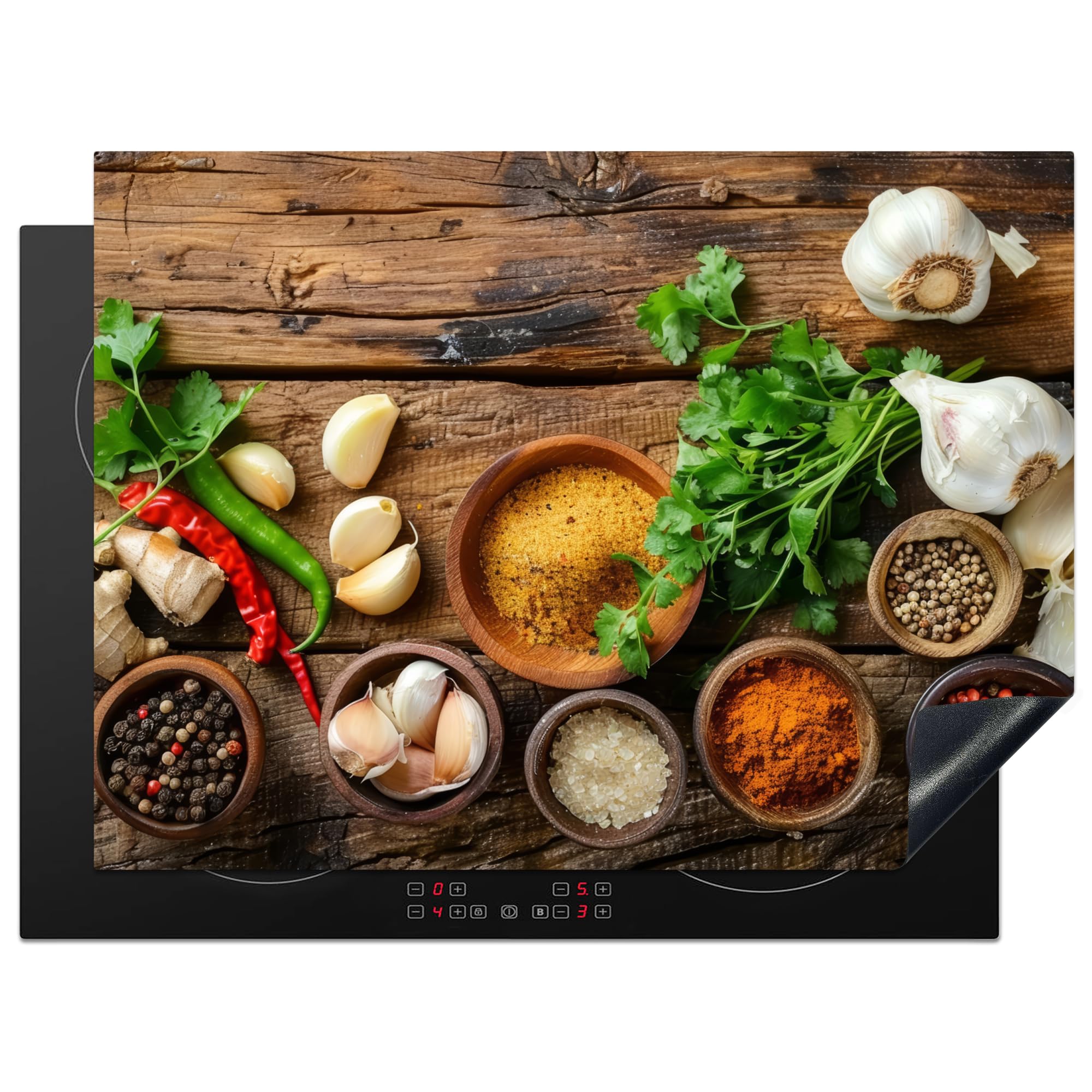 KitchenYeah© Herdabdeckplatte Induktion Schutzmatte Küche Herdabdeckung Ceranfeld Induktionsmatte Cerankochfeld Abdeckung Kräuter - Gewürze - Basilikum - Holzdruck - Knoblauch - 71x52 cm