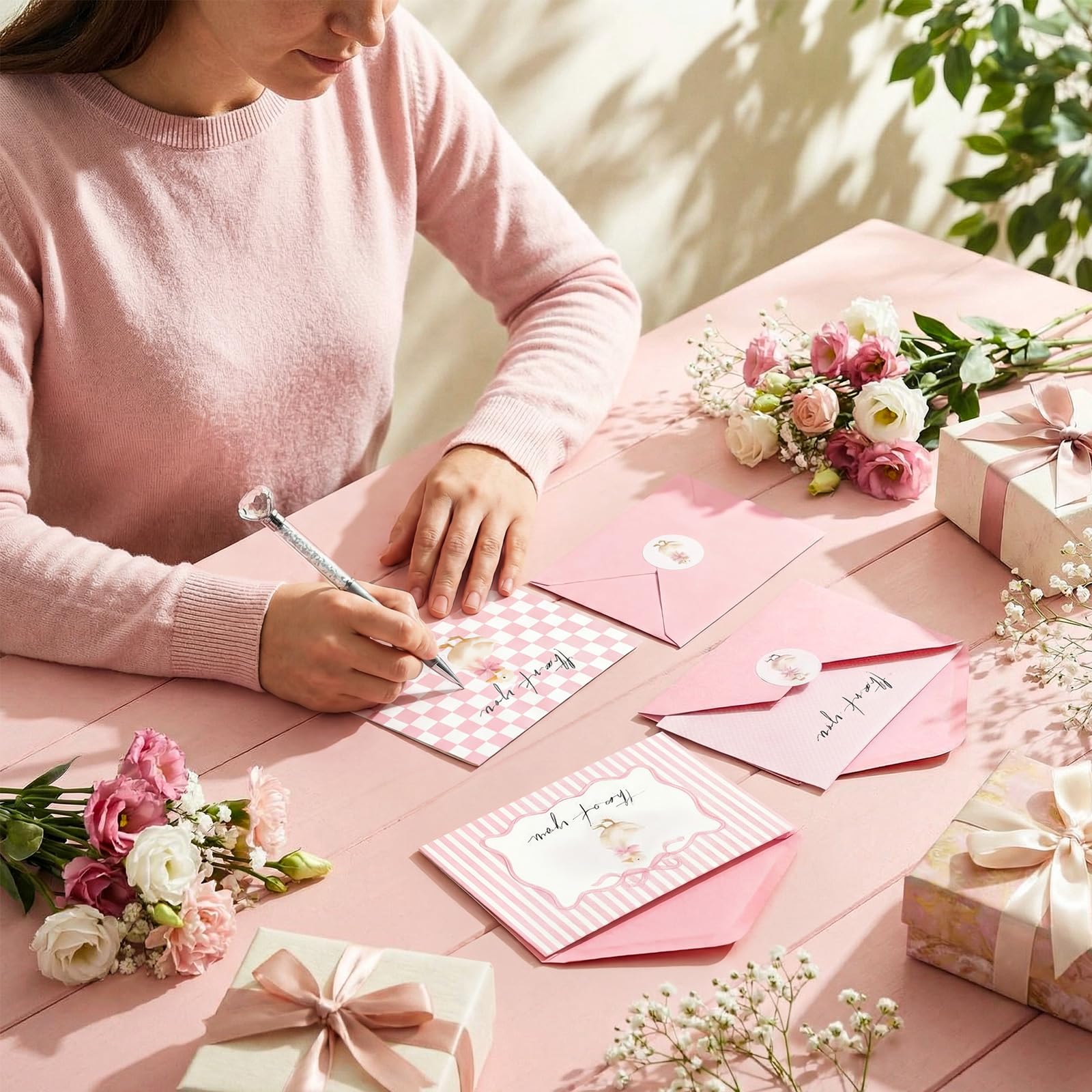 Sabary Pink Goose Lot de 50 cartes de remerciement avec enveloppes et autocollants Motif nœud élégant en vrac 10,2 x 15,2 cm Carte de vœux vierges pour fête prénuptiale, mariage, fête d'anniversaire