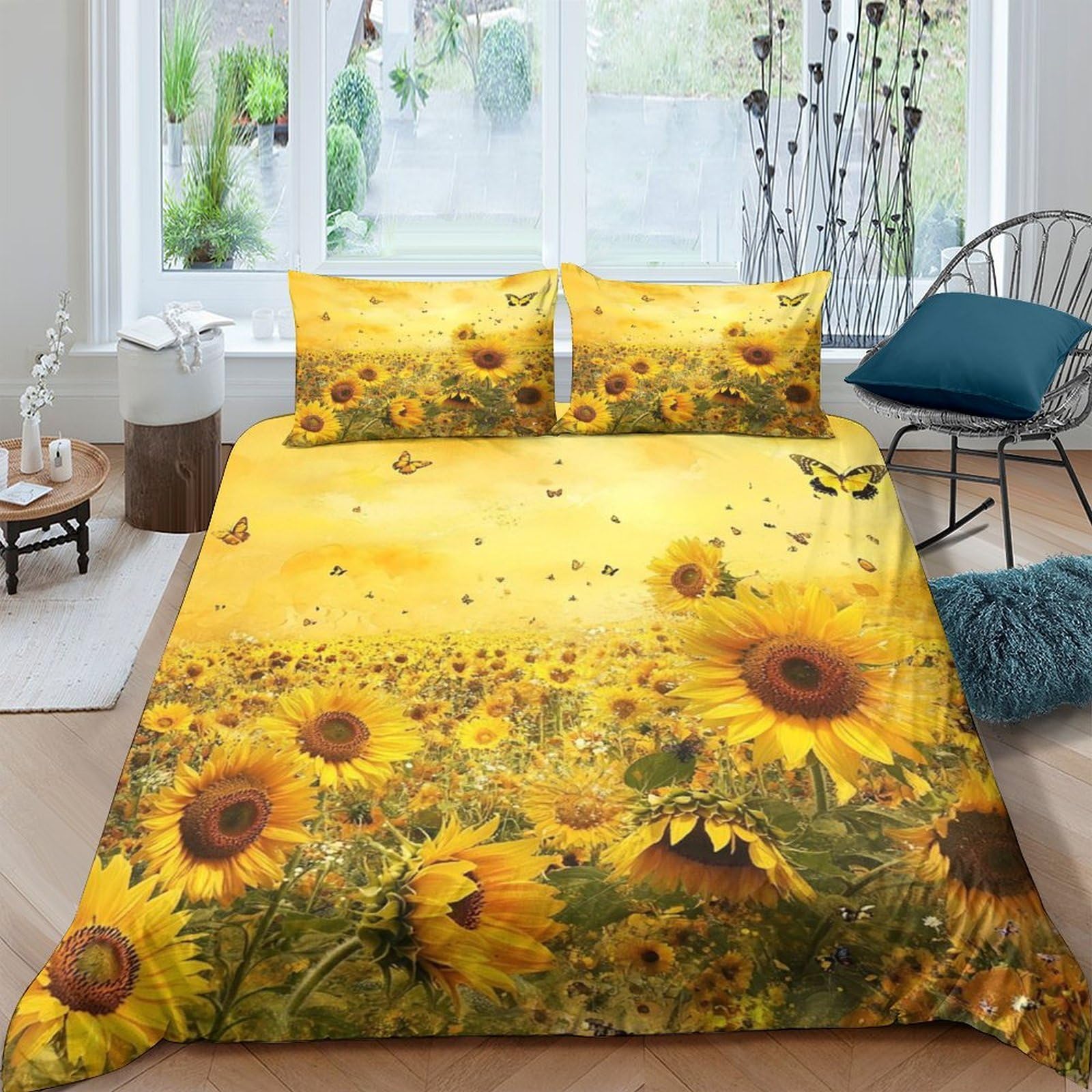 Ctjqhvkz Style-2 3D Printed Sunflower Field Fitted Sheet Microfiber Breathable Yellow Butterfly Mattress Cover Bedroom Dorm Decor Single（135X200cm）