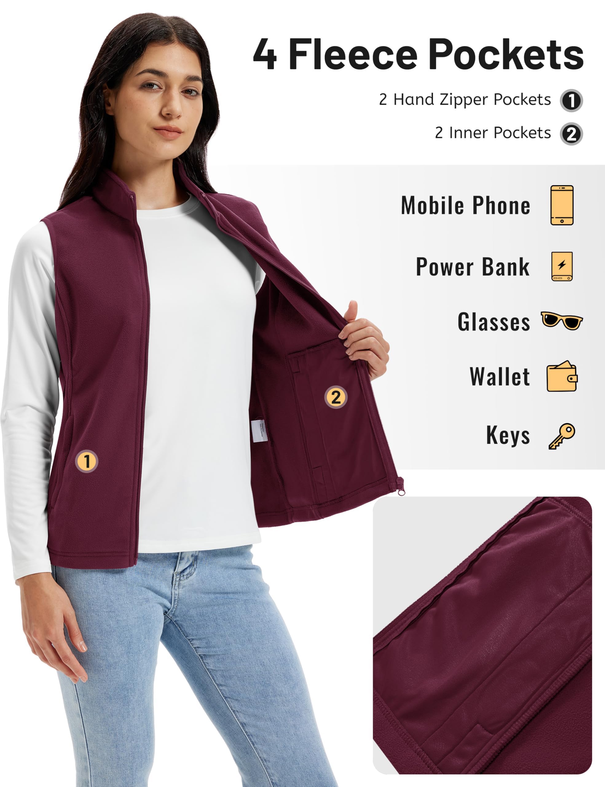 TACVASEN Chaleco Polar para Mujer Chaqueta sin Mangas Exterior Cálido Bolsillos Cremallera Gilet Deportivo