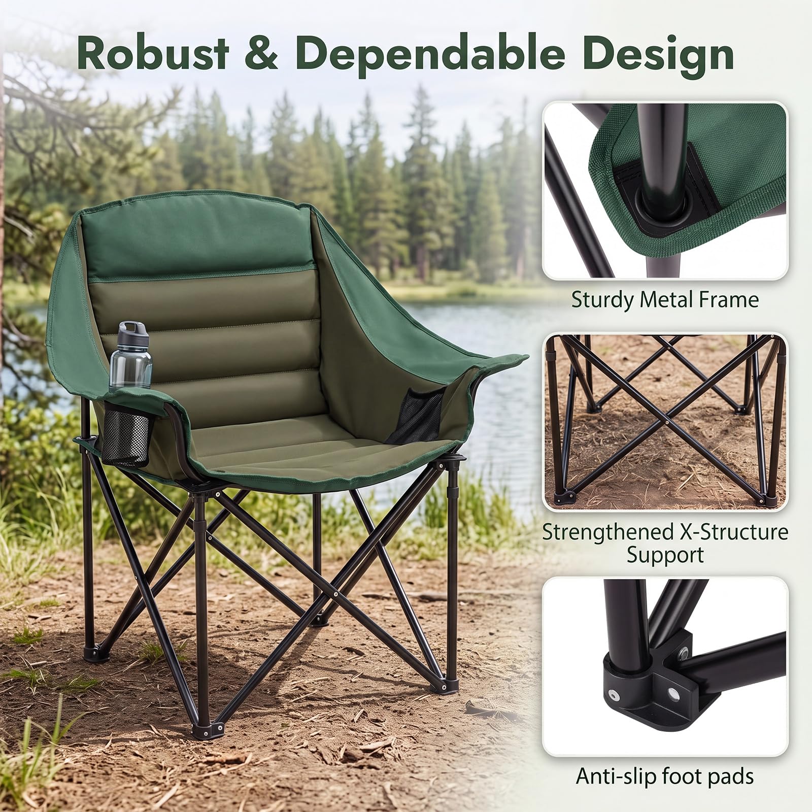 GOPLUS Chaise de Camping Pliante, pour Plage/Pêche/Randonnée | Fauteuil de Peche Surdimensionné Portable avec Porte-Gobelets, Poche en Maille et Sac de Transport pour Pêche Jardin Plage