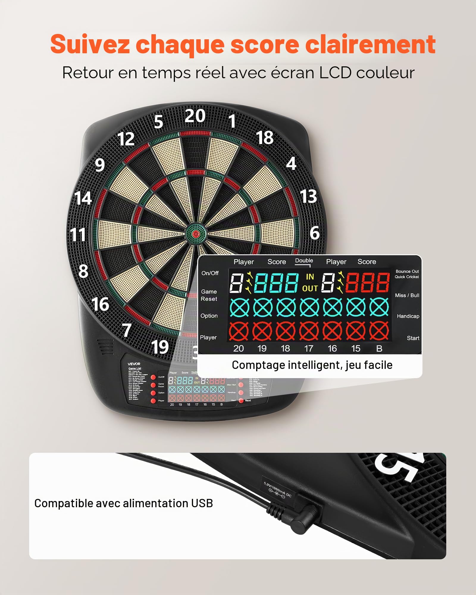 VEVOR Cible de fléchettes électronique 336 mm, Planche à fléchettes avec 43 Jeux et Plus de 200 Variantes pour 8 Joueurs, 6 tiges de fléchette avec ailettes et 50 Pointes Souples, écran LCD Couleur
