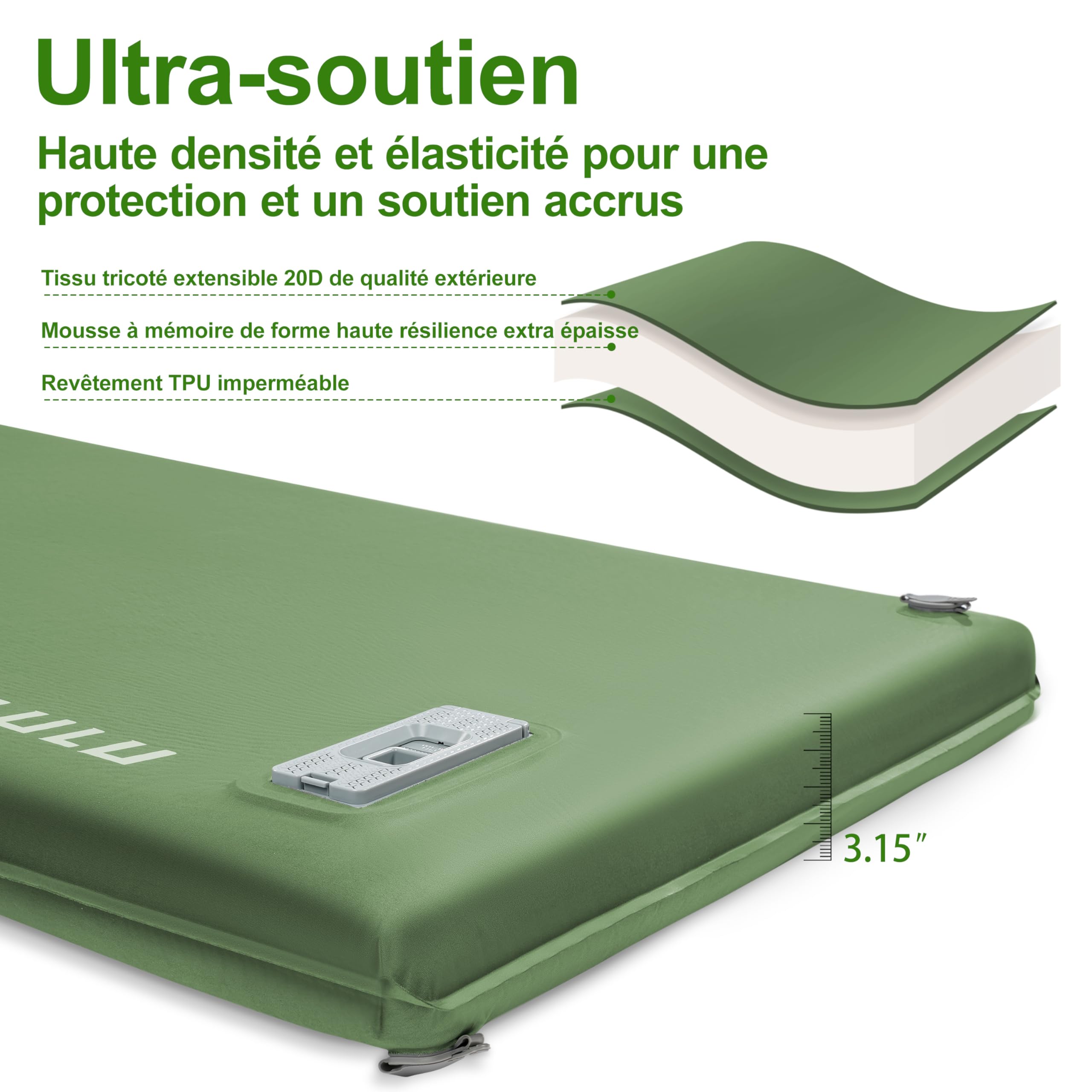 Matelas Camping Gonflable Autogonflant IEEILULU Avec Pompe Électrique - Mousse Confortable Vert Armée