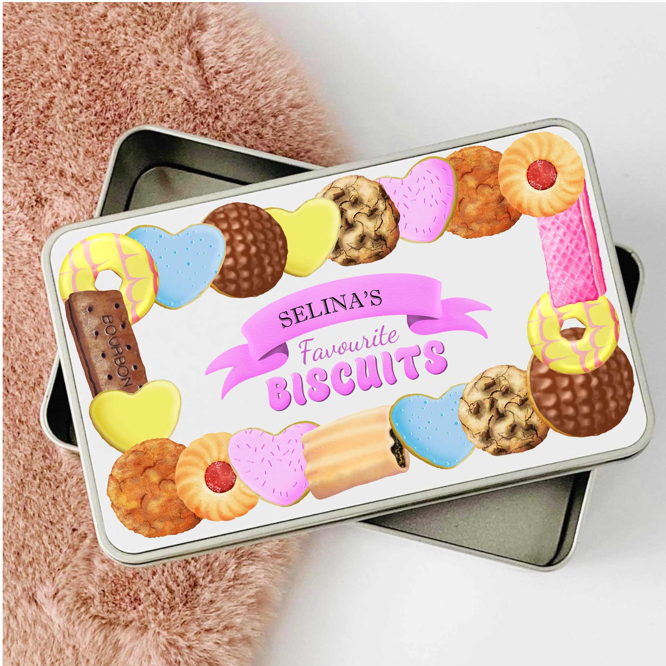 Personalised Biscuit Tin gift for mum dad nana grandad friend teacher with cute biscuit design custard cream, bakewell - Image 2