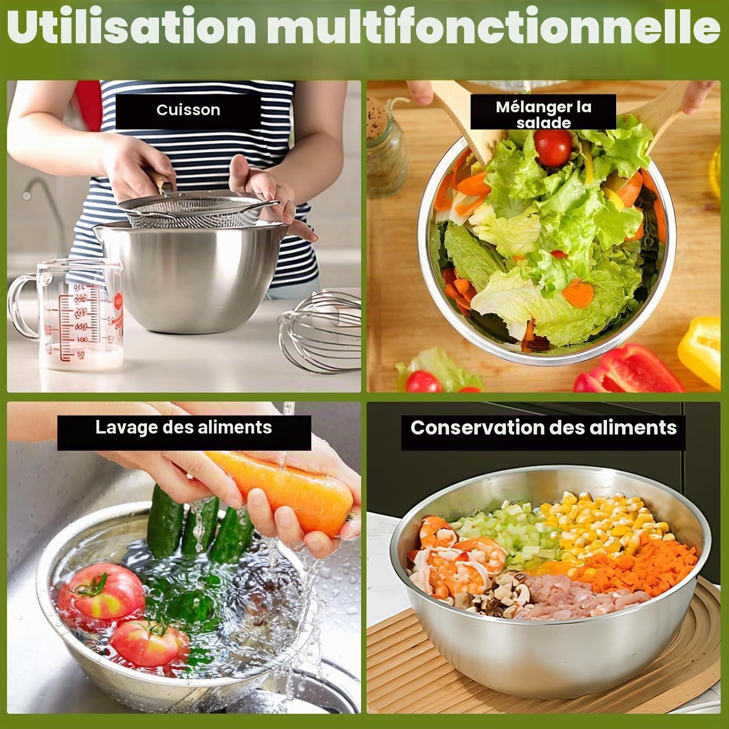 Lot de 6 saladiers en acier inoxydable, 6 tailles de bols de 0,7 L à 4,5 L, saladiers passant au lave-vaisselle, bols à snacks et bols