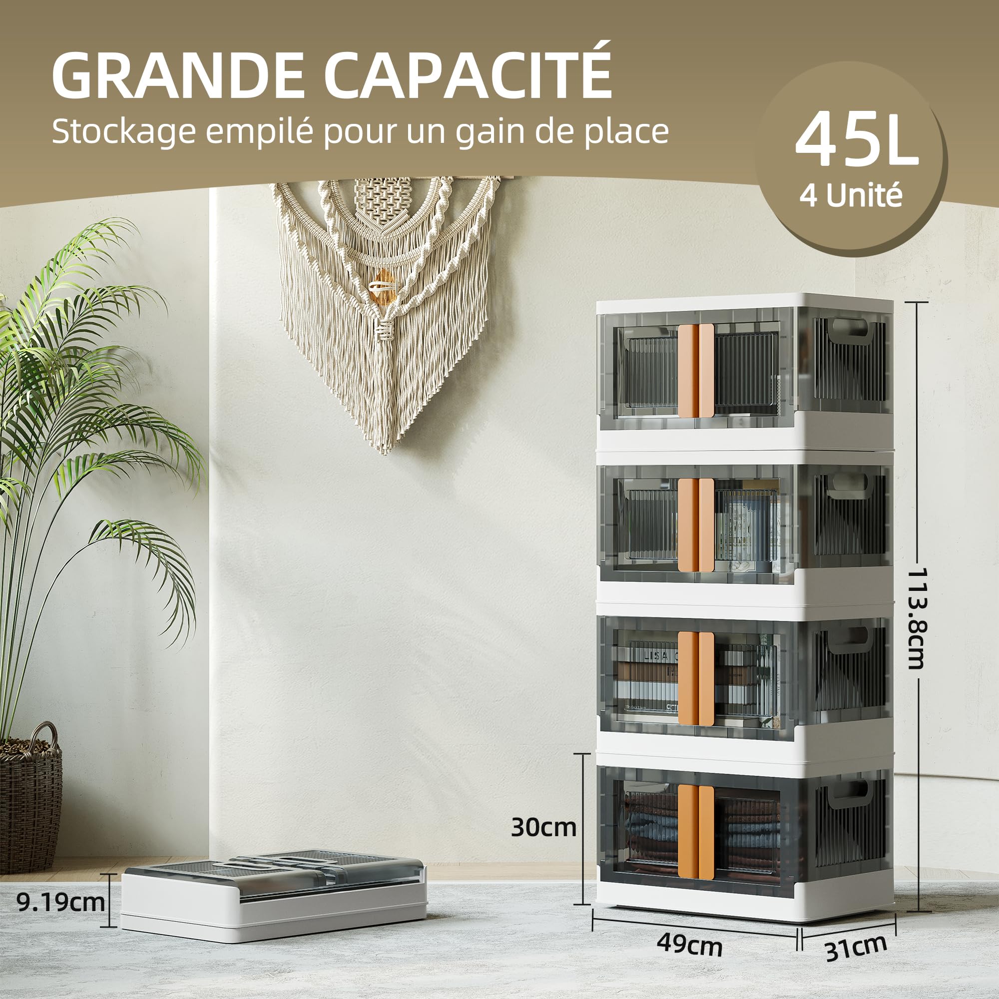 NETEL 4x 45L Empilable Boîte de Rangement avec Couvercle et Verrouillable Porte, Pliable Bac de Rangement Plastique avec Roulettes, Grande Caisse Rangement Organisateur pour Cuisine, Salon et Chambre