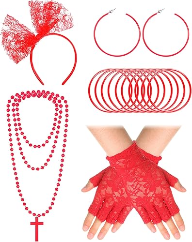 Miniatura 8 de Blulu Accesorios de disfraz de los años 80 para mujer, ropa de joyería, guantes de red, diadema, aretes, collar, pulsera para fiesta retro,