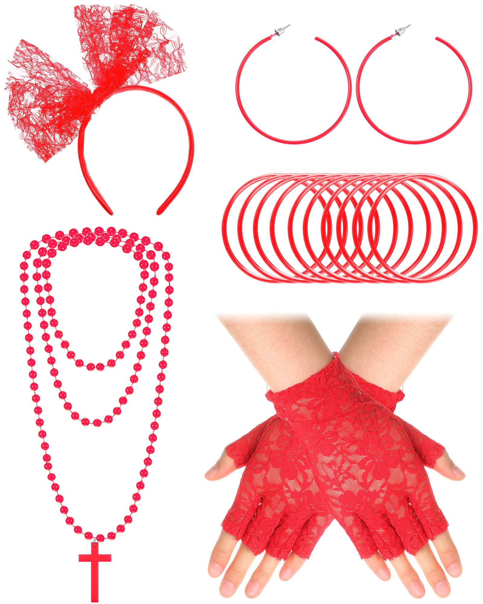 Blulu 80s Fancy Dress Costume Accessories Lace Headband Earrings Fishnet Gloves Necklace Bracelet for 80s Retro Party (Red) โ image 1