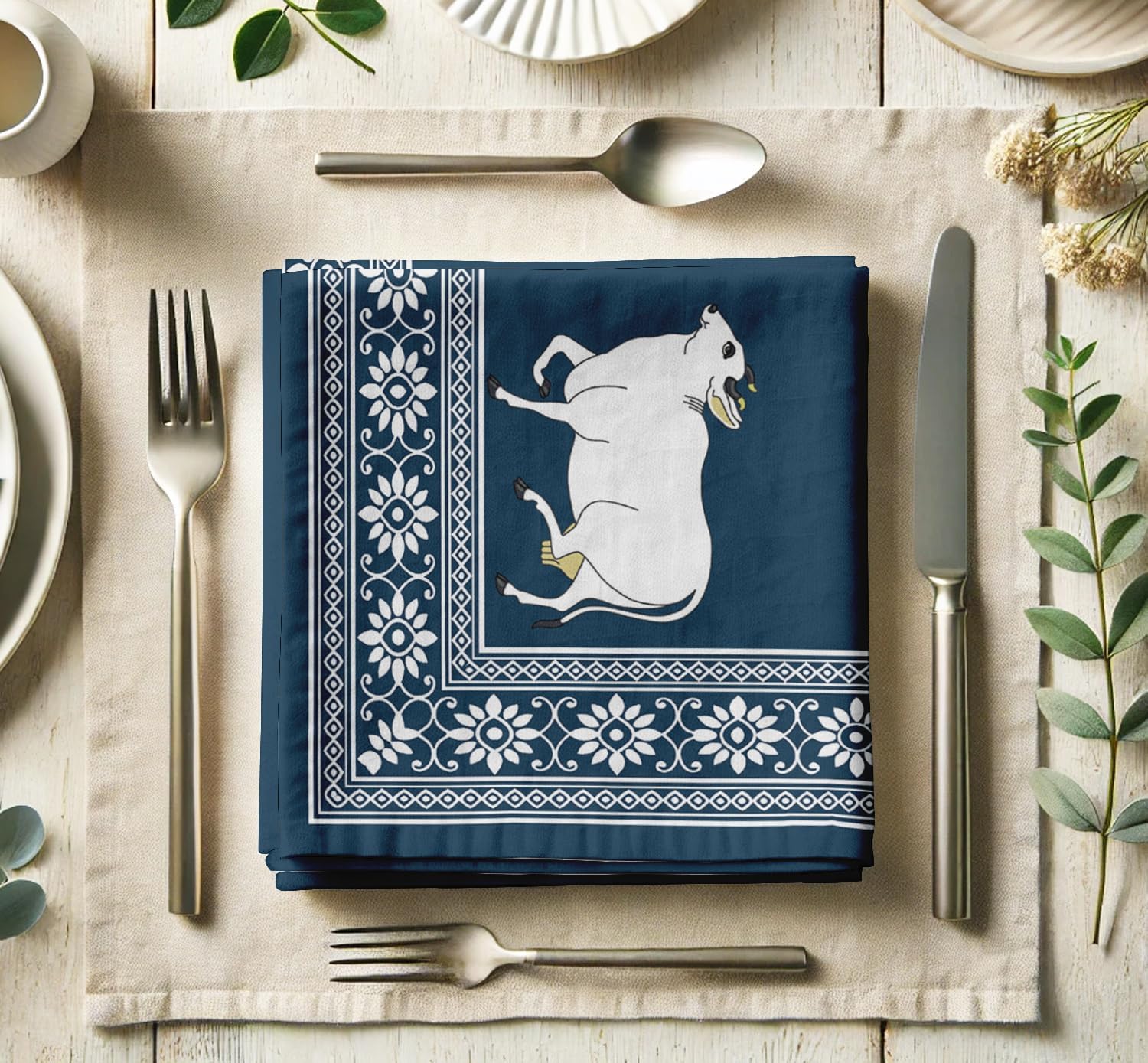 Luxury Cotton Twill Napkins - Set of 12, 20-Inch Animal Design, Premium Thick Cloth Napkins for Elegant Dining & Special Occasions - Soft, Absorbent & Machine Washable