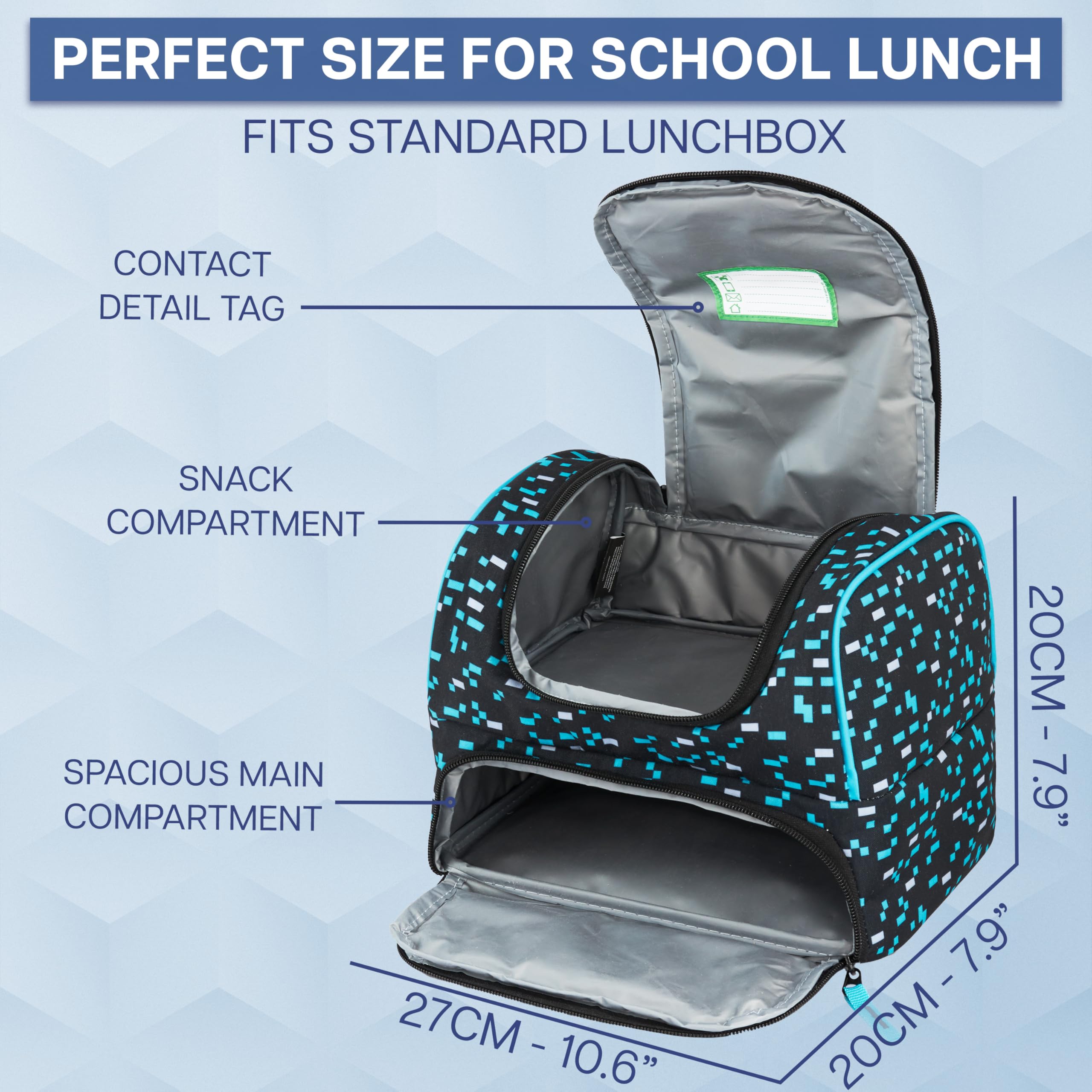 Get Trend Minecraft Borsa Termica Porta Pranzo Bambini con 2 Scomparti Isolati Doppia Zip, Borsa Pranzo con Fodera Argentata, Manico ed Etichetta ID per Scuola e Picnic, Idea Regali (Blu/Nero)