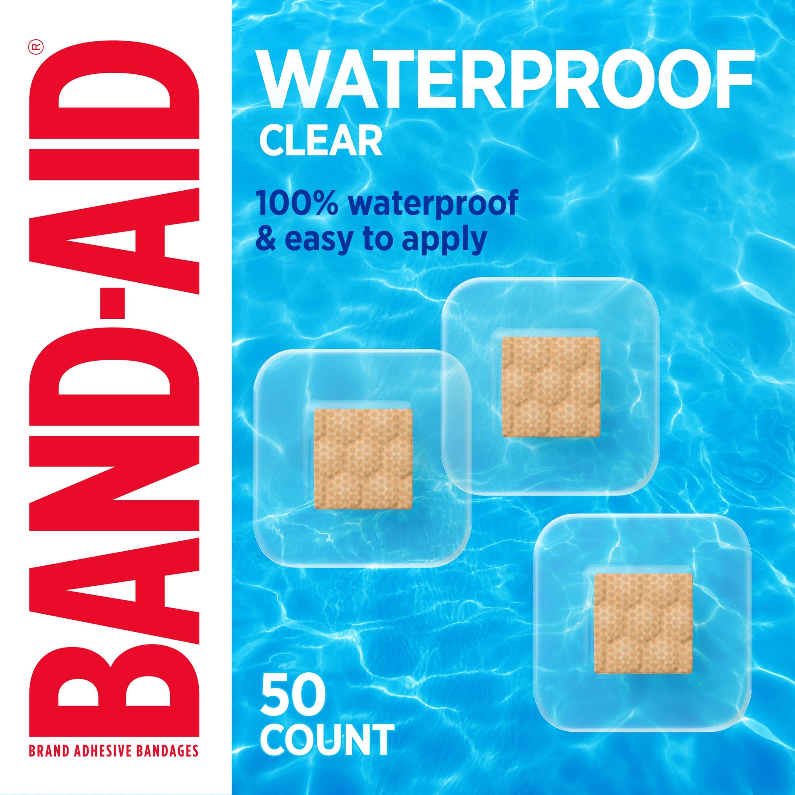 BAND-AID Brand Clear Waterproof Spot Square Adhesive Bandages, Sterile Waterproof Protection & Wound Care for Minor Cuts & Scrapes, Small Spot Bandages, First Aid Kit Essential, All One Size, 50 Count