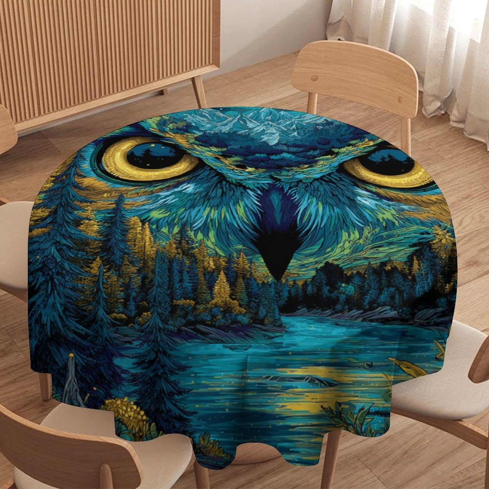 LUYYSKY Abstract Rustic Animal Owl Waterproof Round Tablecloth Classic Oil Painting Full Moon Forest Elegant Owl Pattern Washable Table Cover for Kitchen-177.8" Wx177.8 L cm