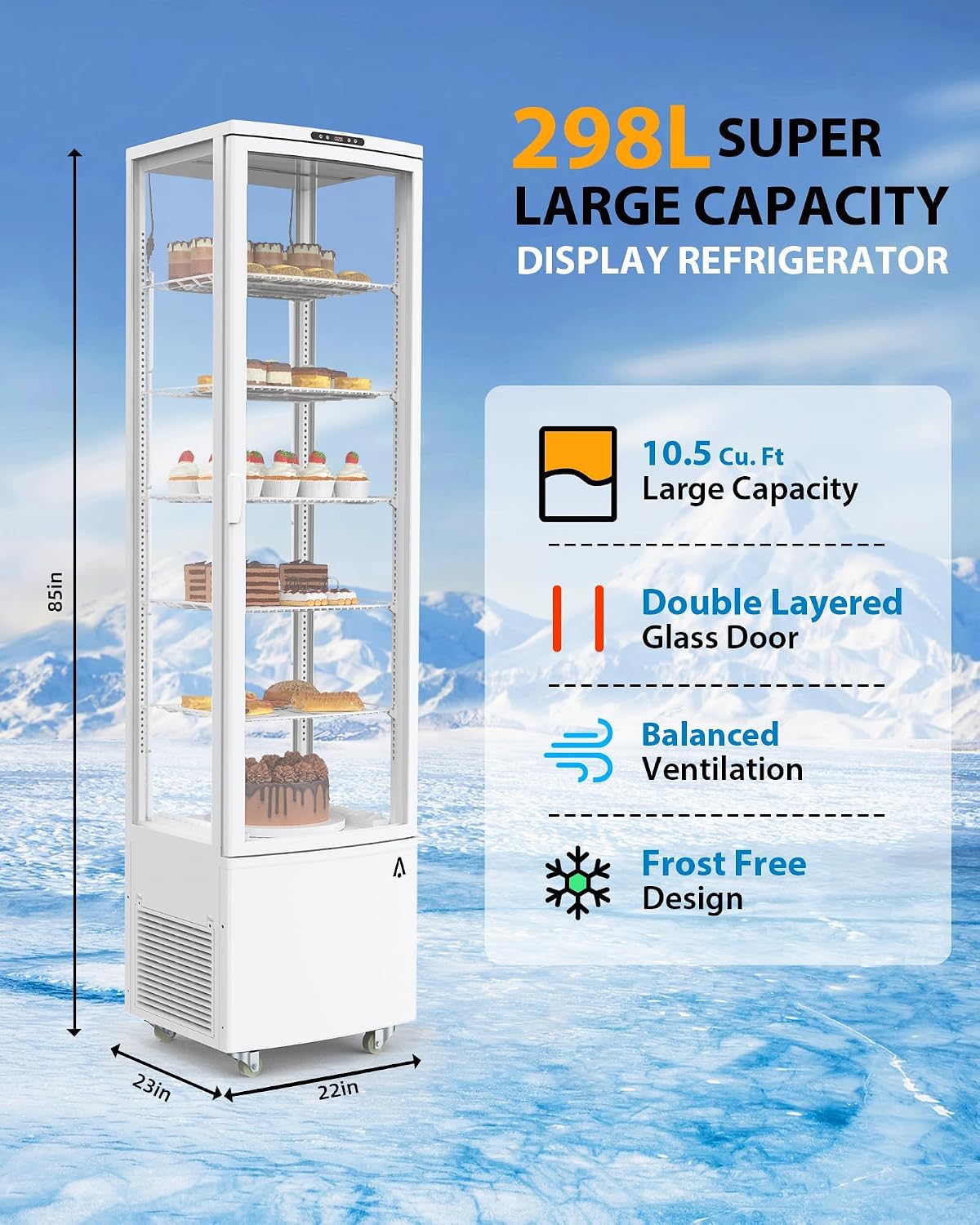 Countertop Refrigerator 10.5 Cu.Ft. Bakery Display Case with LED Lighting, Fast Cooling, Rear Sliding Door, Pastry Showcase for Bakery, Cafe, Restaurant, White Commercial Fridge