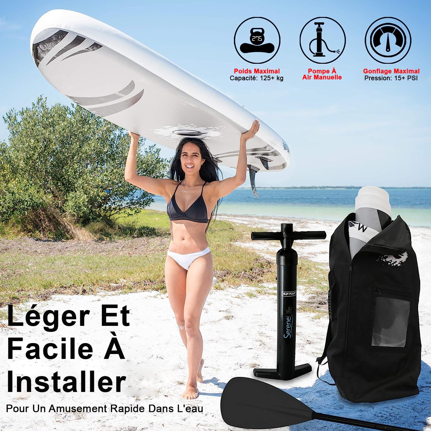 SereneLife Stand Up Paddle Gonflable Adulte 6” – Planche de Paddle avec Accessoires Sup, Sac de Transport, Pont Antidérapant, pour Mer, Lac, Rivière