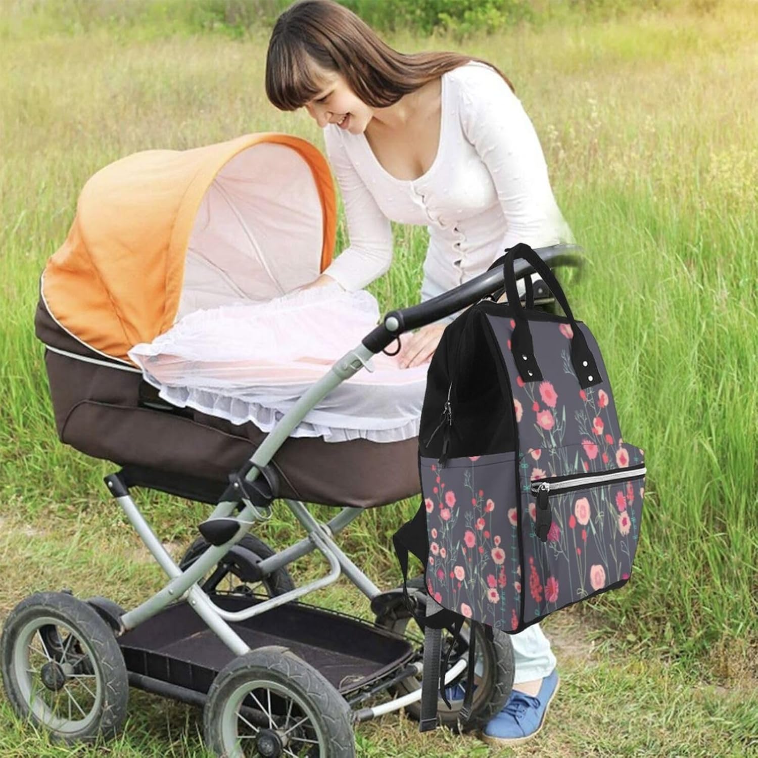 Floral Dark Boho Diaper Bag Backpack for Women, Large Capacity Waterproof Travel Bag with Stroller Straps