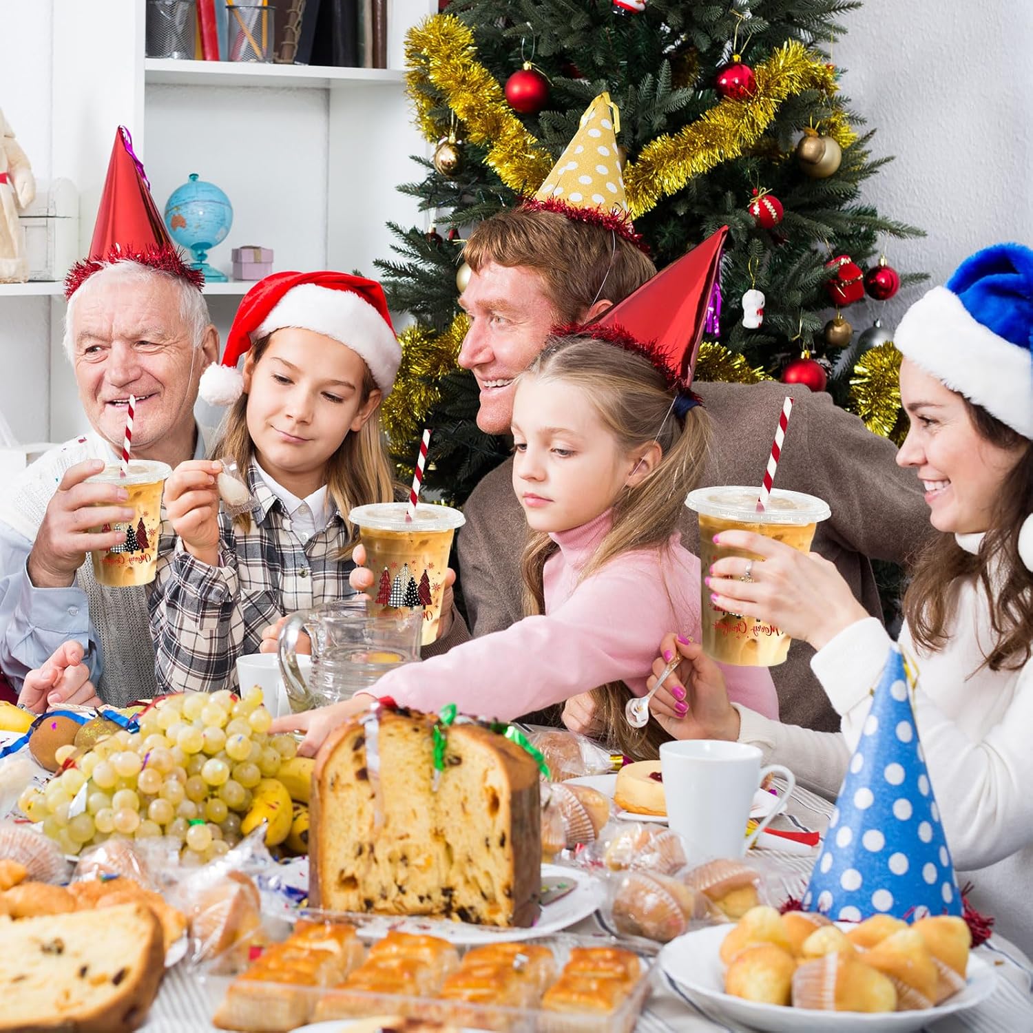 JarThenaAMCS 50Pcs Christmas Plastic Cups with Lids and Straws Red Black Xmas Tree Snowflake Plaid Clear Plastic Cups 12oz Disposable Cups for Christmas Party Supplies - Image 6