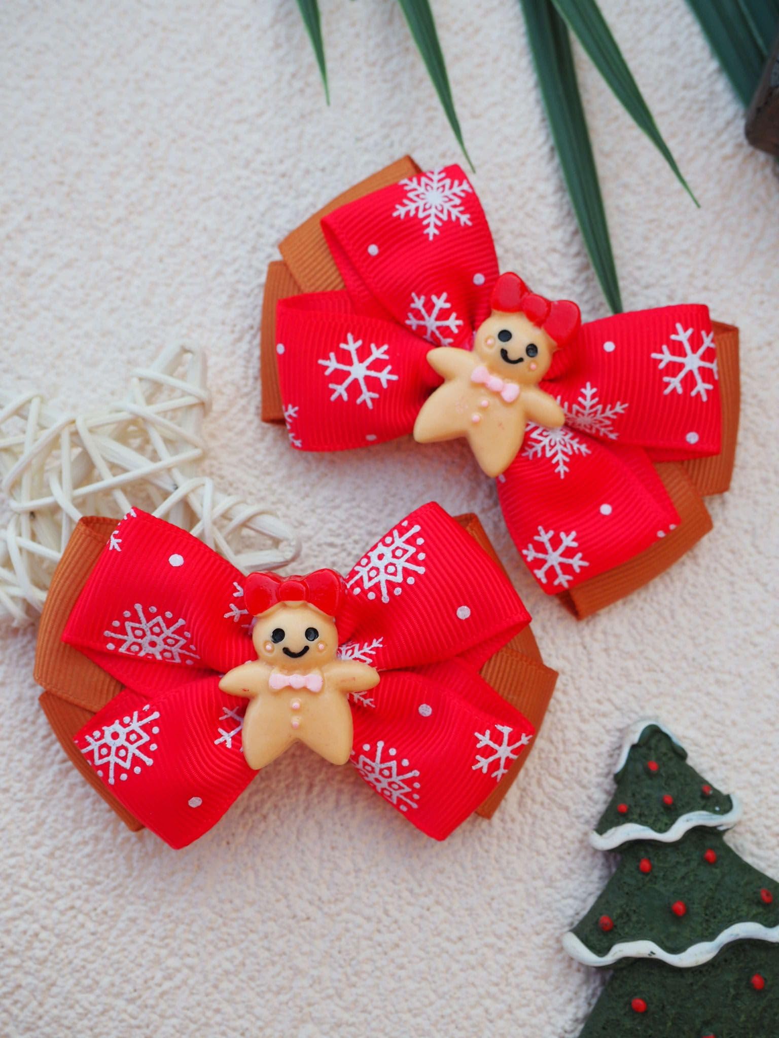 MeiMei Christmas Gingerbread Girl Hair Bow with Elastic Bobble, Handmade Girls Hair Tie, Grosgrain Ribbon Hair Accessories - Image 3
