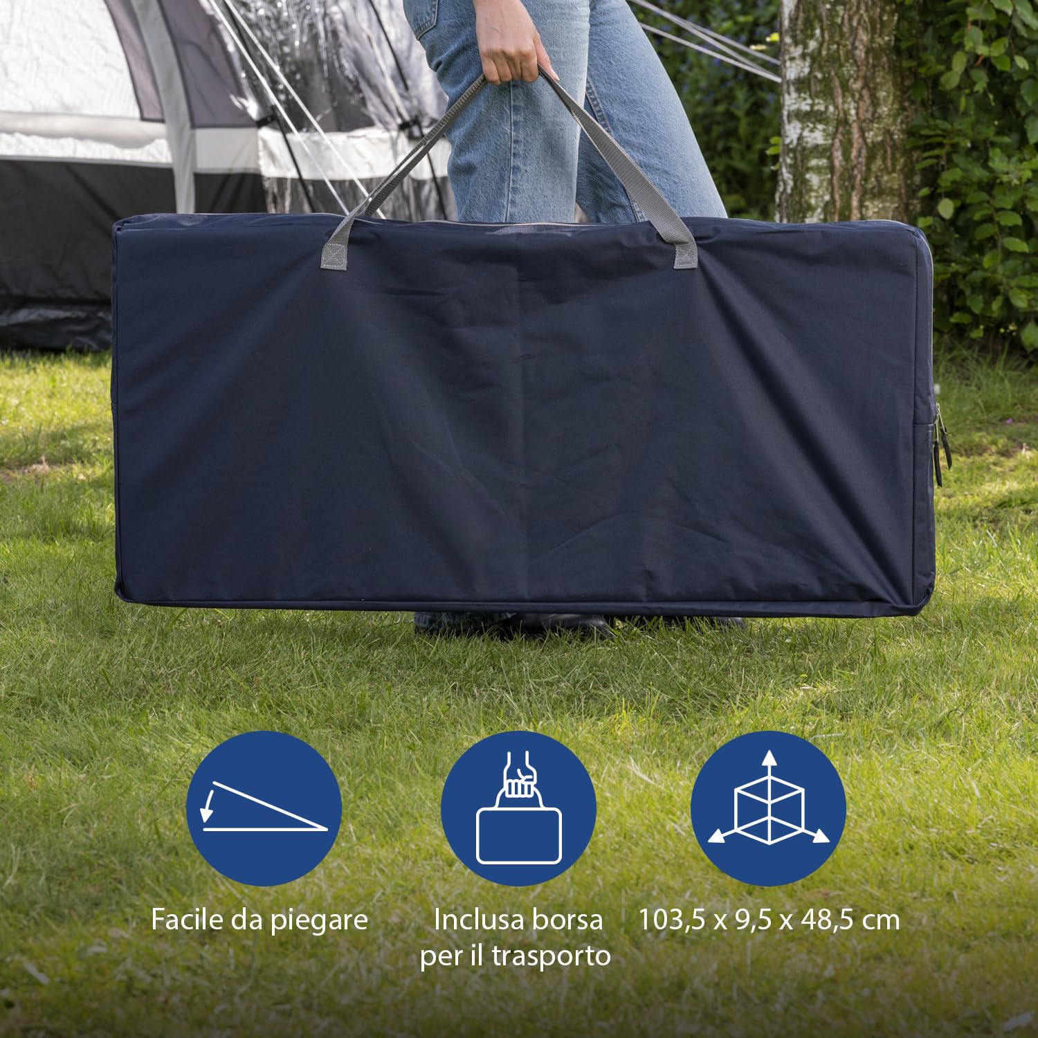 Campart Credenza da campeggio Bilbao 2 compartimenti 3 ripiani 4 tasche laterali piedi regolabili borsa da trasporto Blu