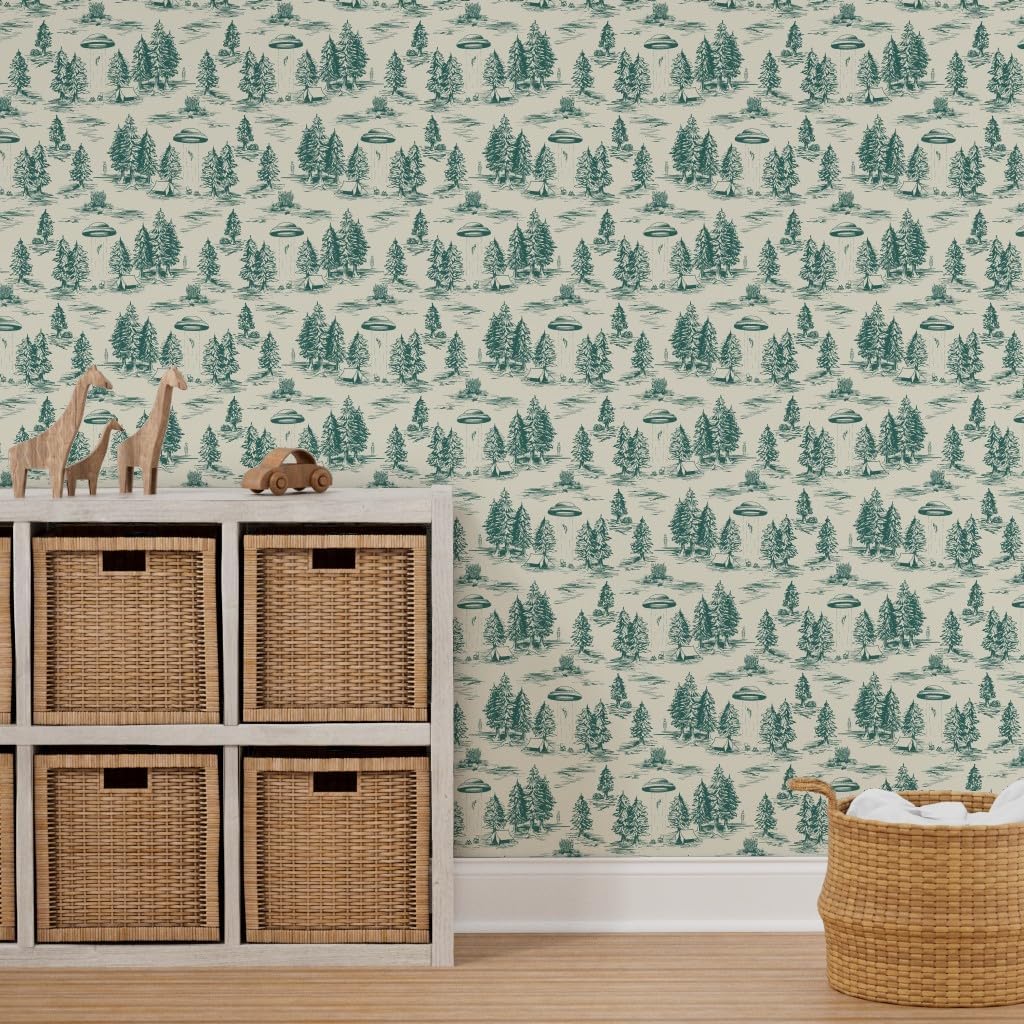 Spoonflower Removable Wallpaper 3ft x 2ft - UFO Alien Abduction Teal Novelty Funny Toile Small Scale Custom Pre-Pasted Wallpaper