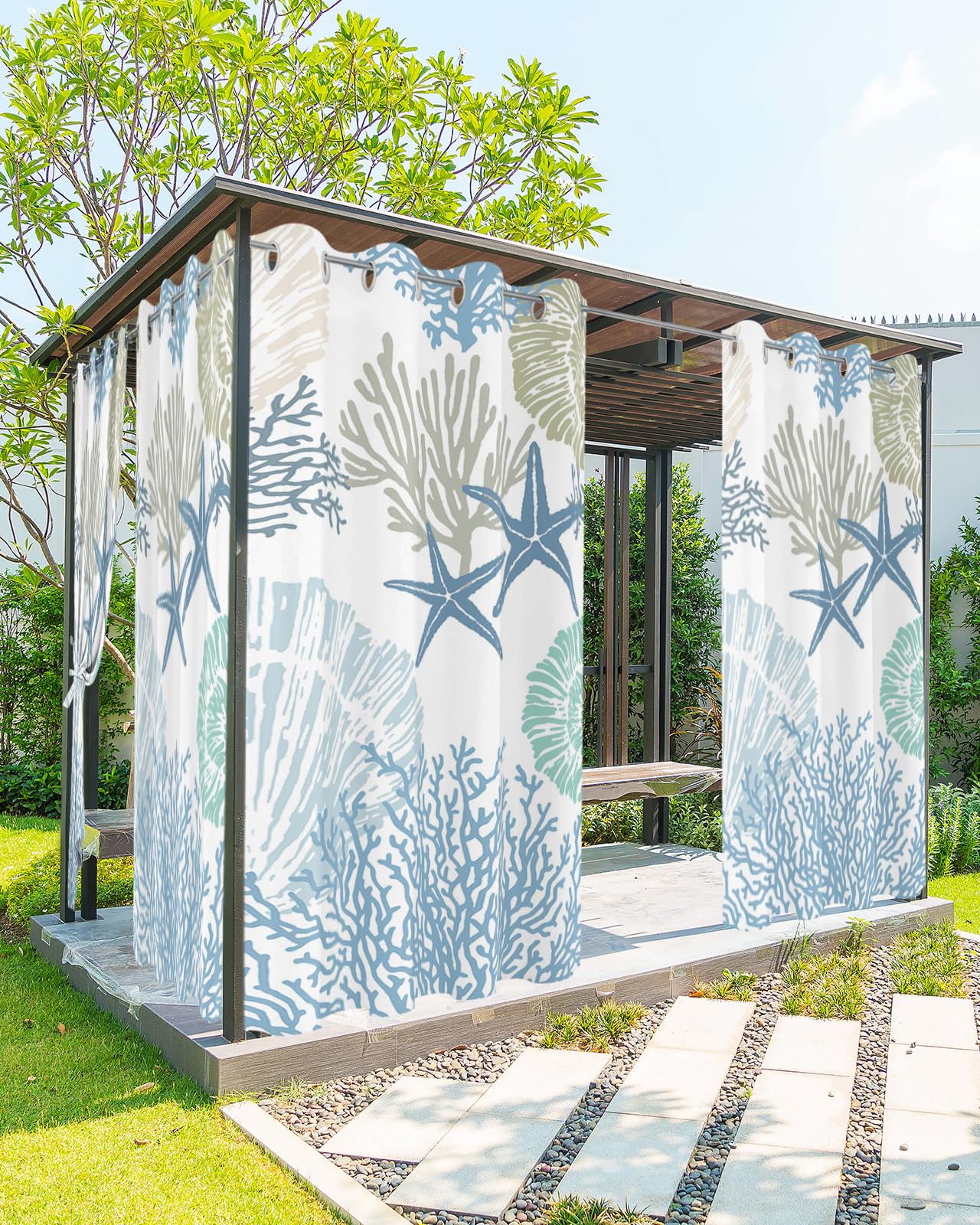 Outdoor Curtains for Patio Waterproof, Nautical Coastal Ocean Coral Outside Curtain 2 Panel, Beach Themed Blue Teal Window Treatment Drapes Privacy Indoor/Outdoor Curtain for Porch Gazebo 54x95