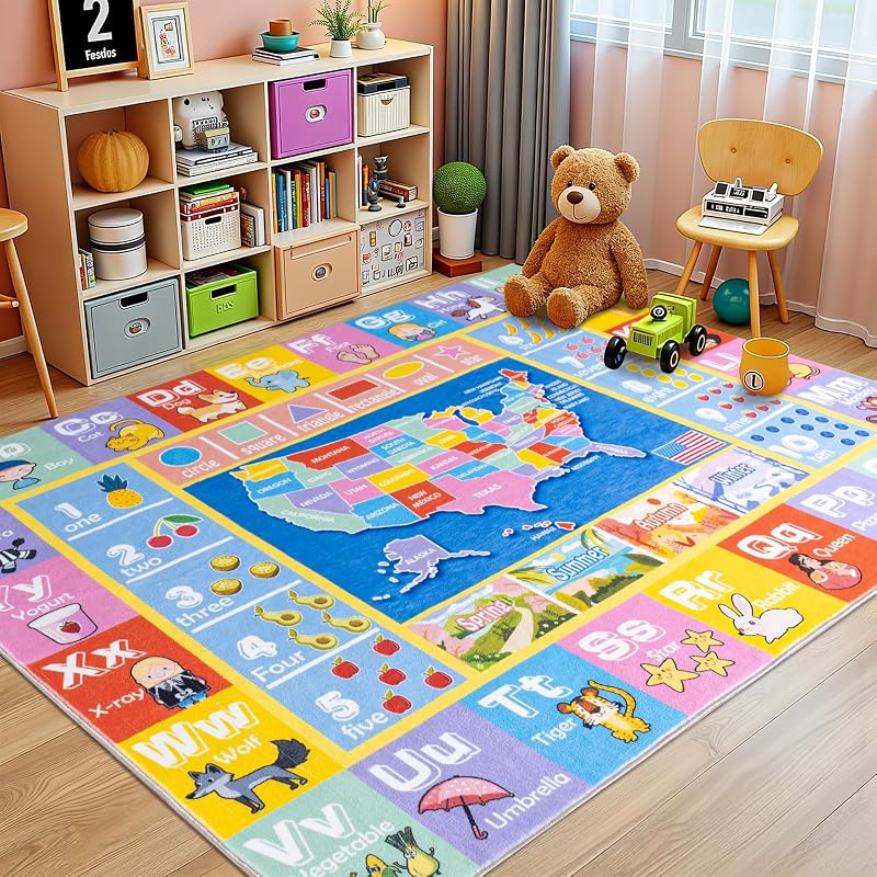 Kids Rugs for Playroom, 3x4 ft Kids Rug for Learning ABC Alphabet | Soft & Non-Slip, Numbers, Shapes & Map, Educational Classroom Carpet Washable Play Mat for Bedroom Nursery & Kids Room Decor