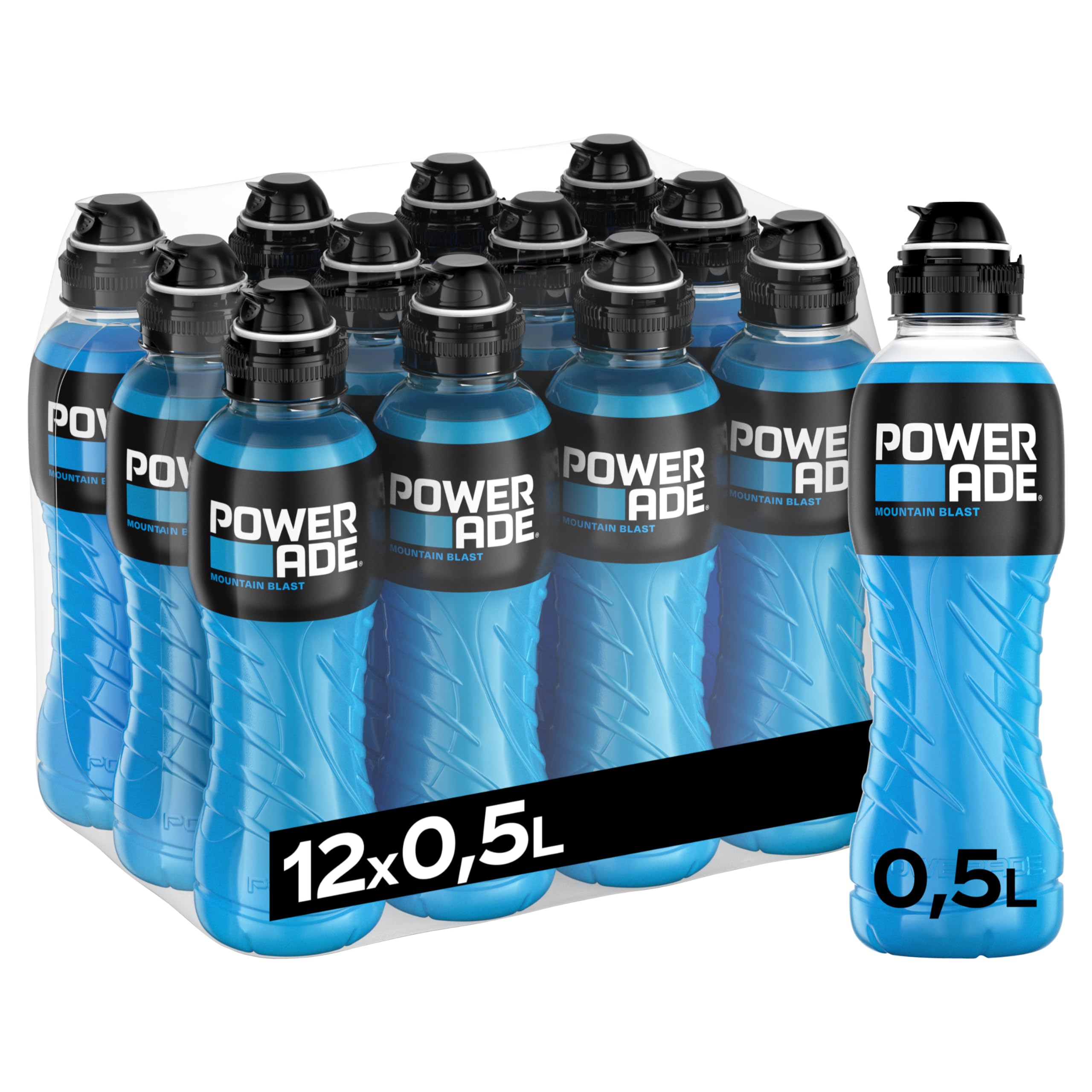 Powerade Sports Mountain Blast, kalorienarmes Sportgetränk mit Fruchtmix-Geschmack, mit Elektrolyten, Sport Drink in stylischen Einweg Flaschen (12 x 500 ml)