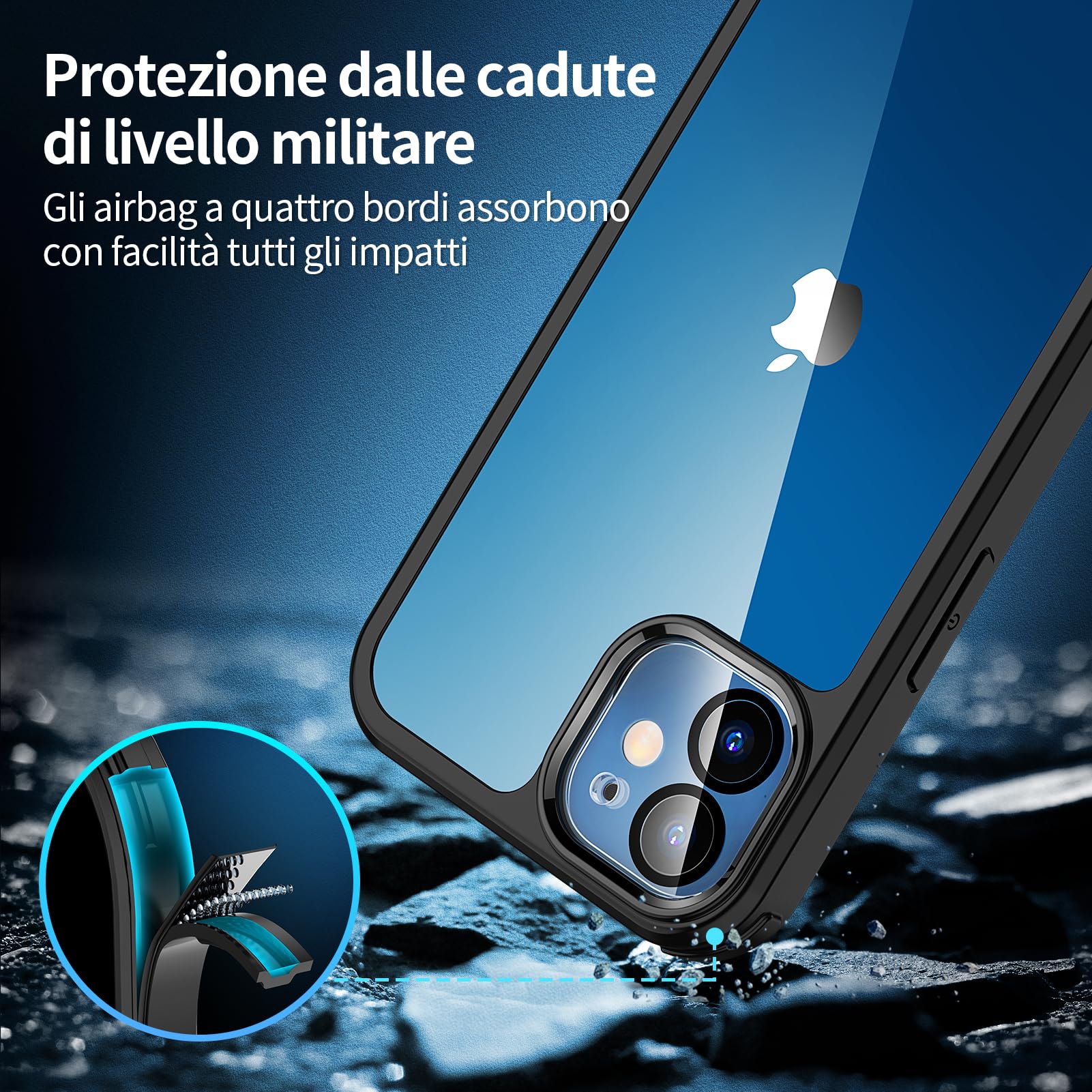 seacosmo Cover per iPhone 12, [9H HD] Integrata Vetro Temperato Schermo e Pellicola Fotocamera 360 Gradi Antiurto Custodia, Rugged Protezione Slim Case per iPhone 12 6.1", Nero