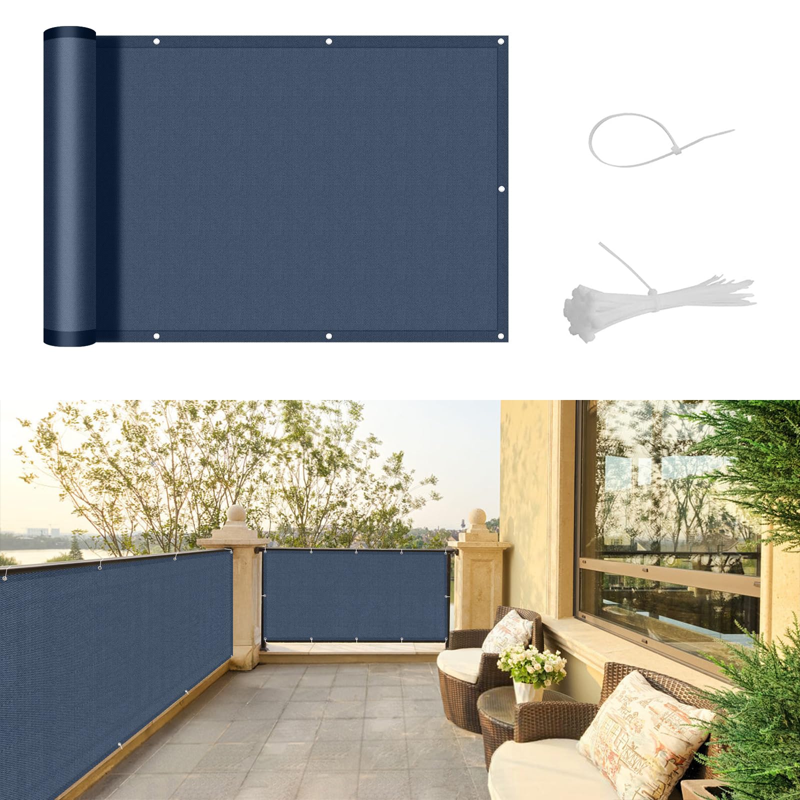 SUNNY GUARD Balcony Privacy Screen 90x300cm Fence Screen for Balcony and Patio Cover,UV protection waterproof and windproof,with Cable Ties,Dark Blue Anthracite