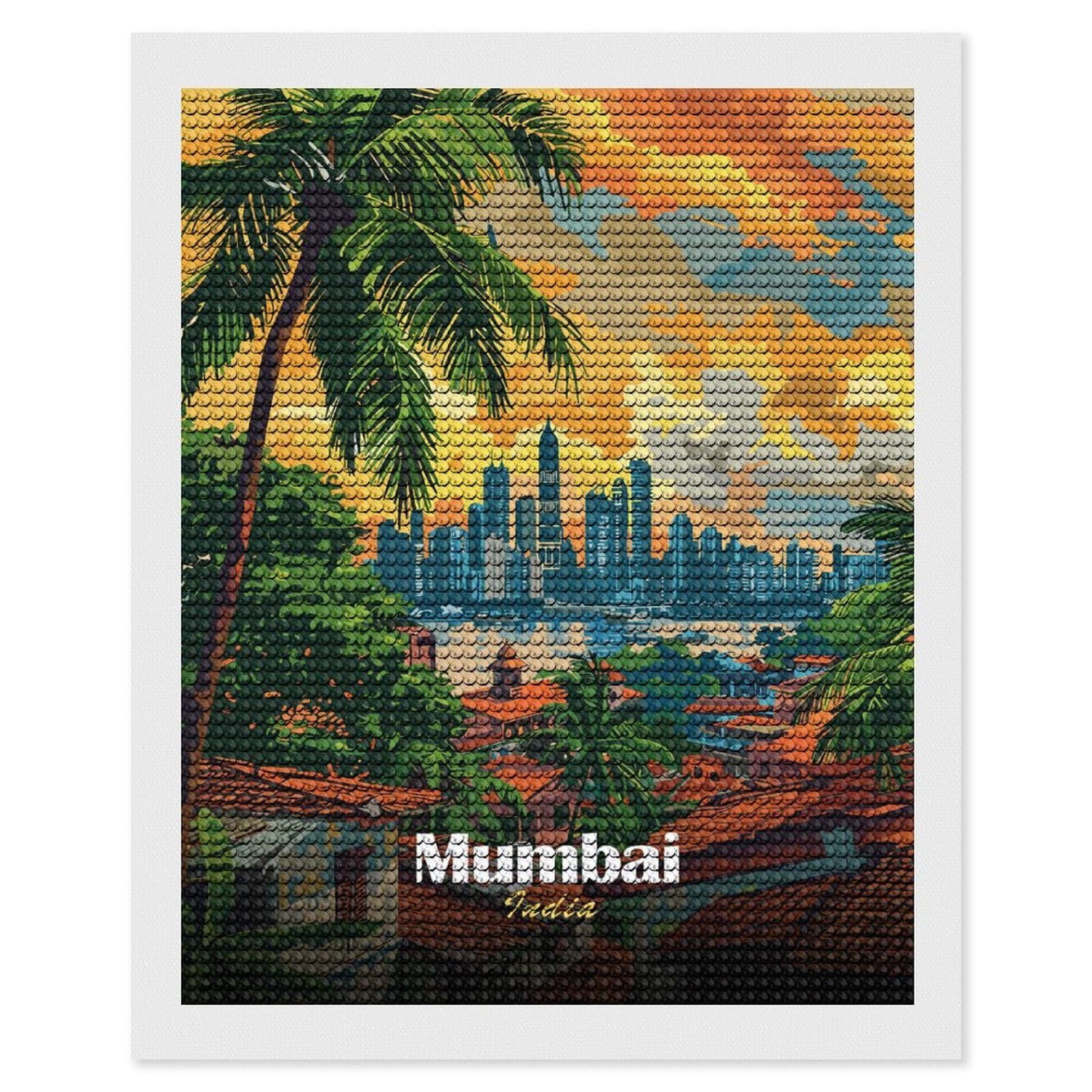 Junmoney Mumbai India Skyline Art Diamond Art Kit 16"x20", Vintage Style Decor, Stress Relief Craft, Decor Project, Relaxing DIY, Creative Hobby
