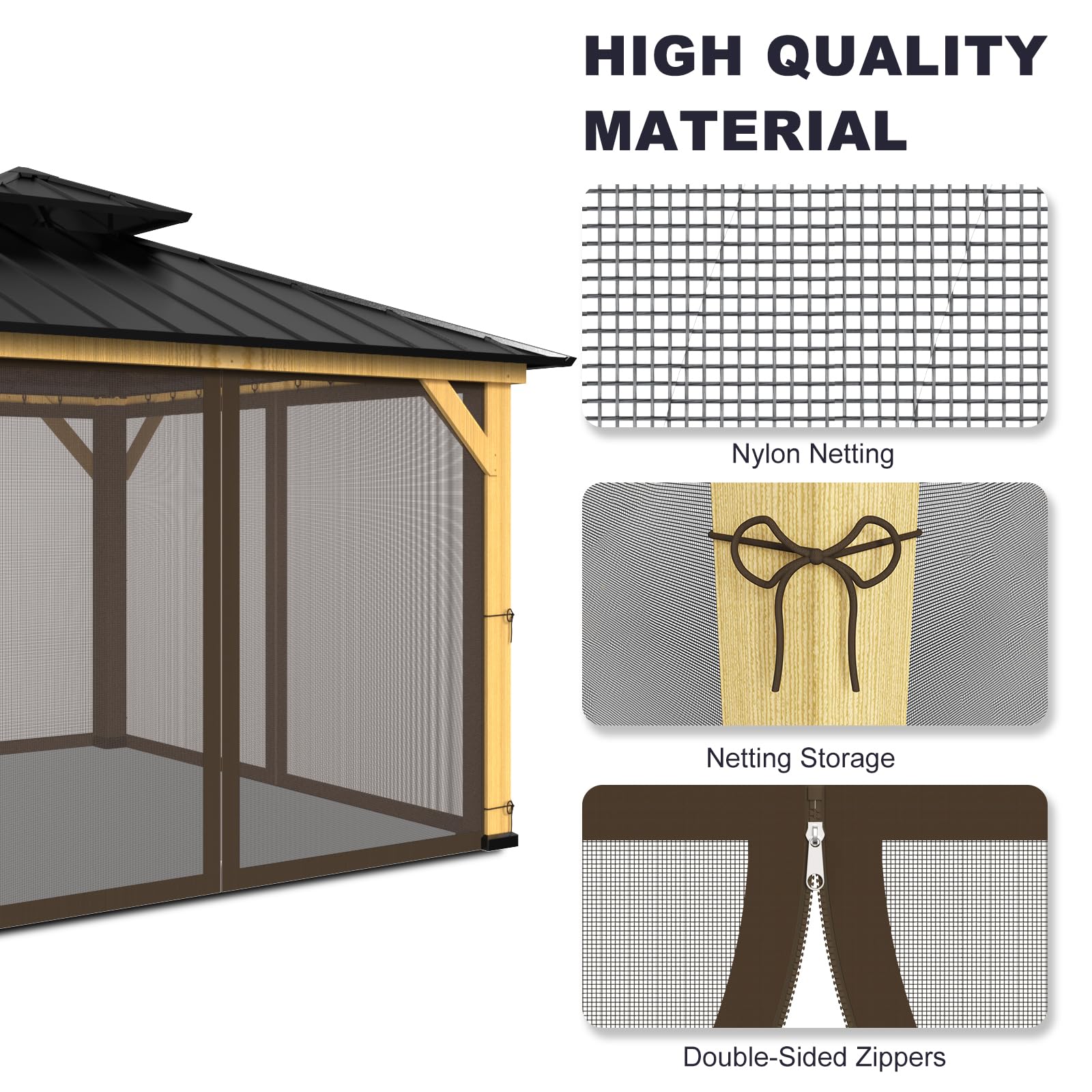 Universal 12x12 Ft Gazebo Replacement Mosquito Netting - 4-Panel Mesh Screen Walls With Zippers, Brown, Easy Install, Weather-Resistant